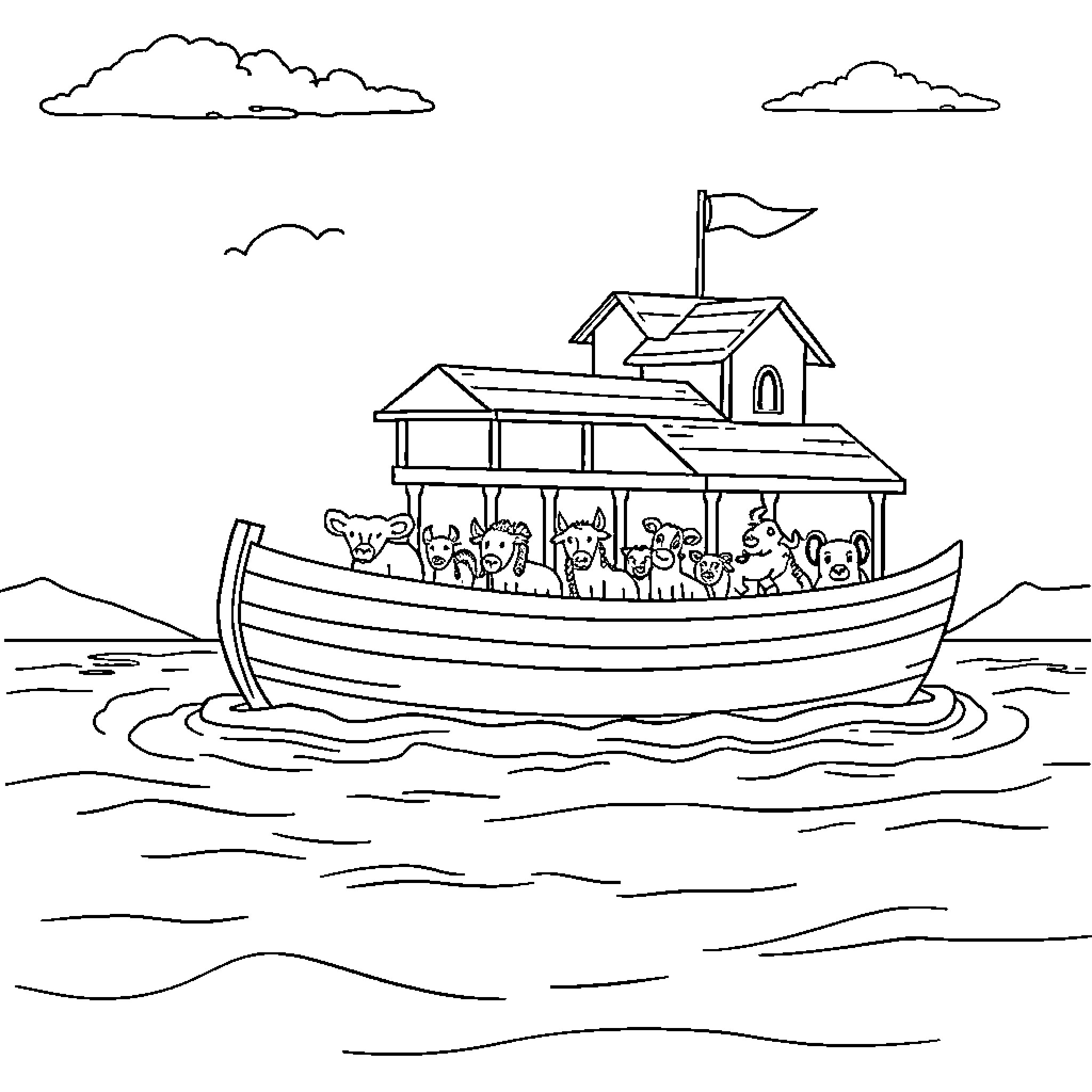 Noah's Ark Carrying Animals Across the Sea Coloring Page (free black-and-white line drawing printable PDF for all, from beginners to advanced learners, including children, teens, adults, and seniors)