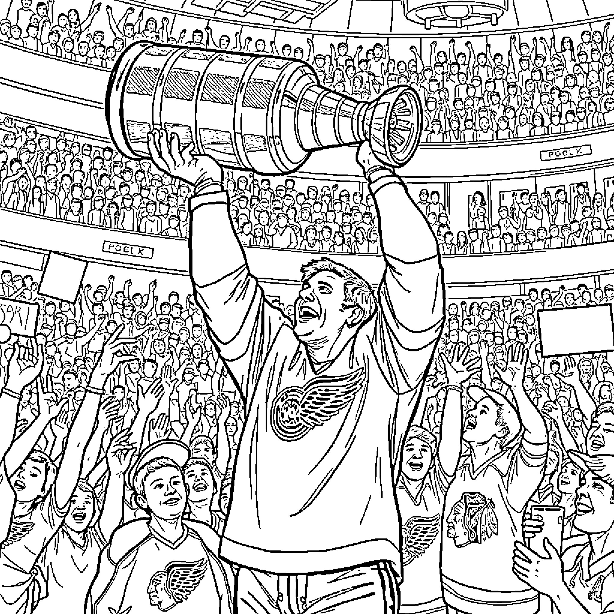 Steve Yzerman celebrating victory with the Stanley Cup Coloring Page (free black-and-white line drawing printable PDF for all, from beginners to advanced learners, including children, teens, adults, and seniors)