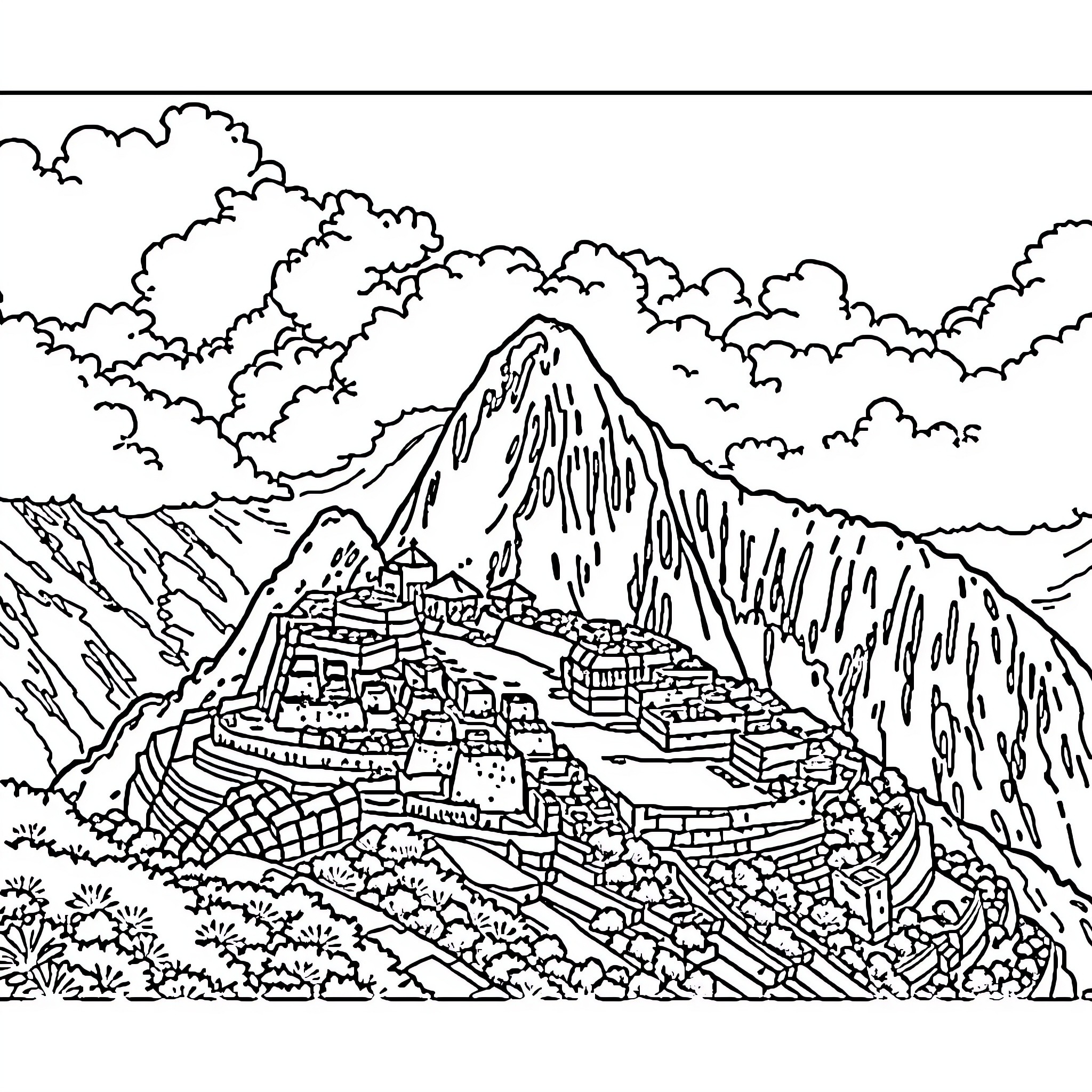 Machu Picchu ancient Inca citadel amid rugged mountains Coloring Page (free black-and-white line drawing printable PDF for all, from beginners to advanced learners, including children, teens, adults, and seniors)