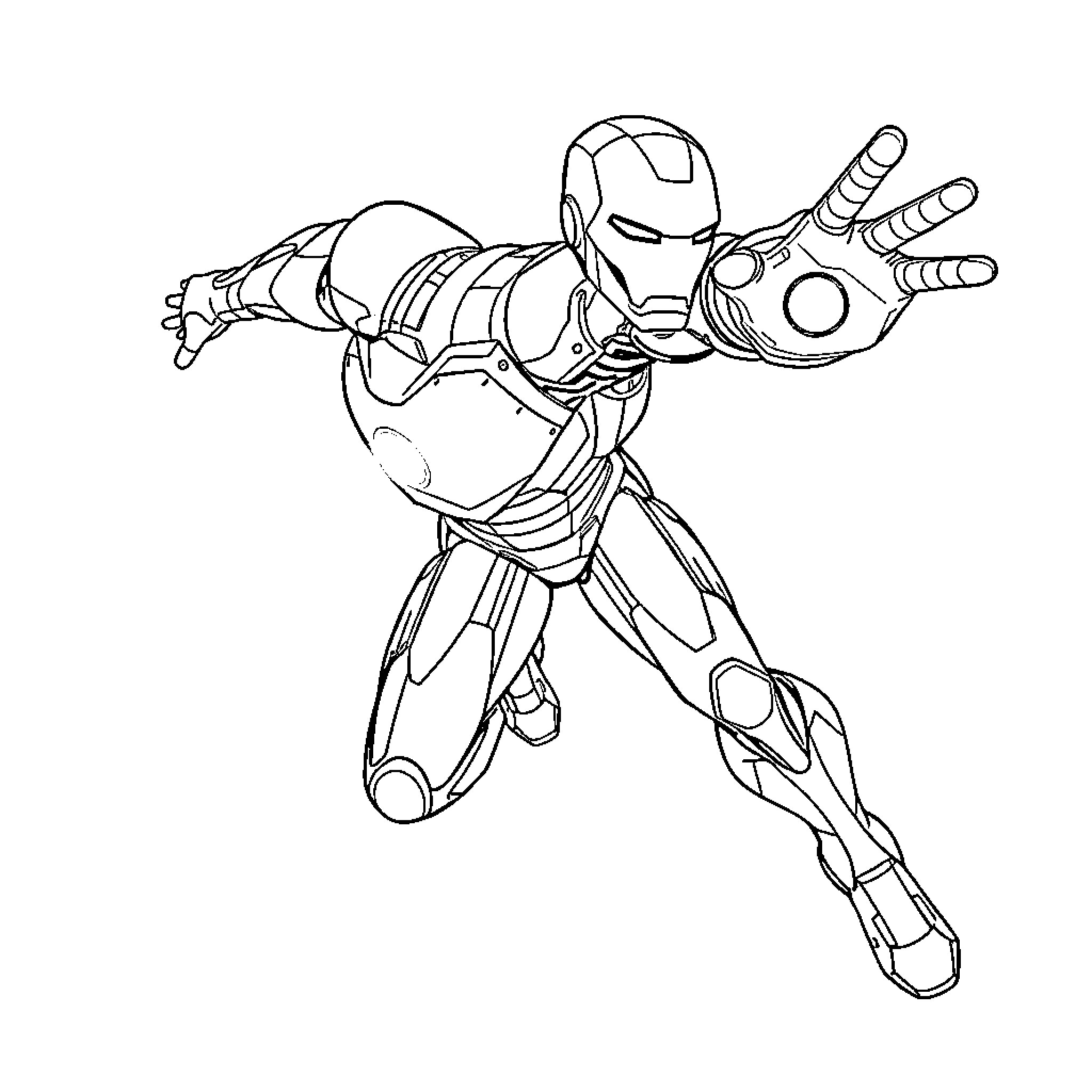 Iron Man in Action-Packed Pose Coloring Page (free black-and-white line drawing printable PDF for all, from beginners to advanced learners, including children, teens, adults, and seniors)