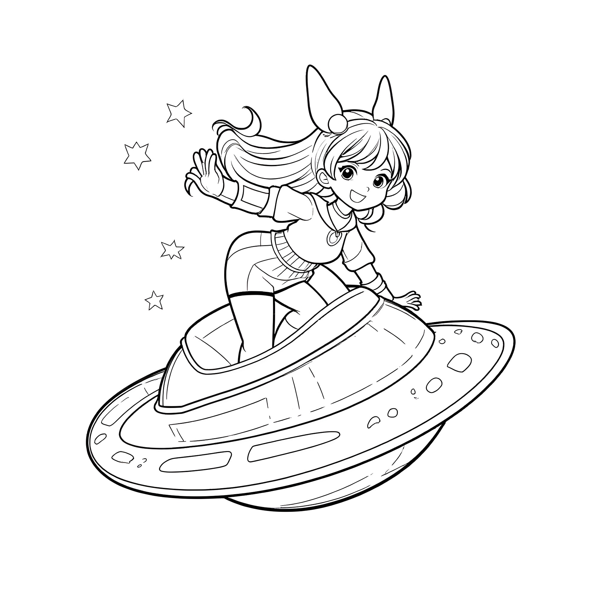 Anime Girl Riding Futuristic Spacecraft Coloring Page (free black-and-white line drawing printable PDF for all, from beginners to advanced learners, including children, teens, adults, and seniors)