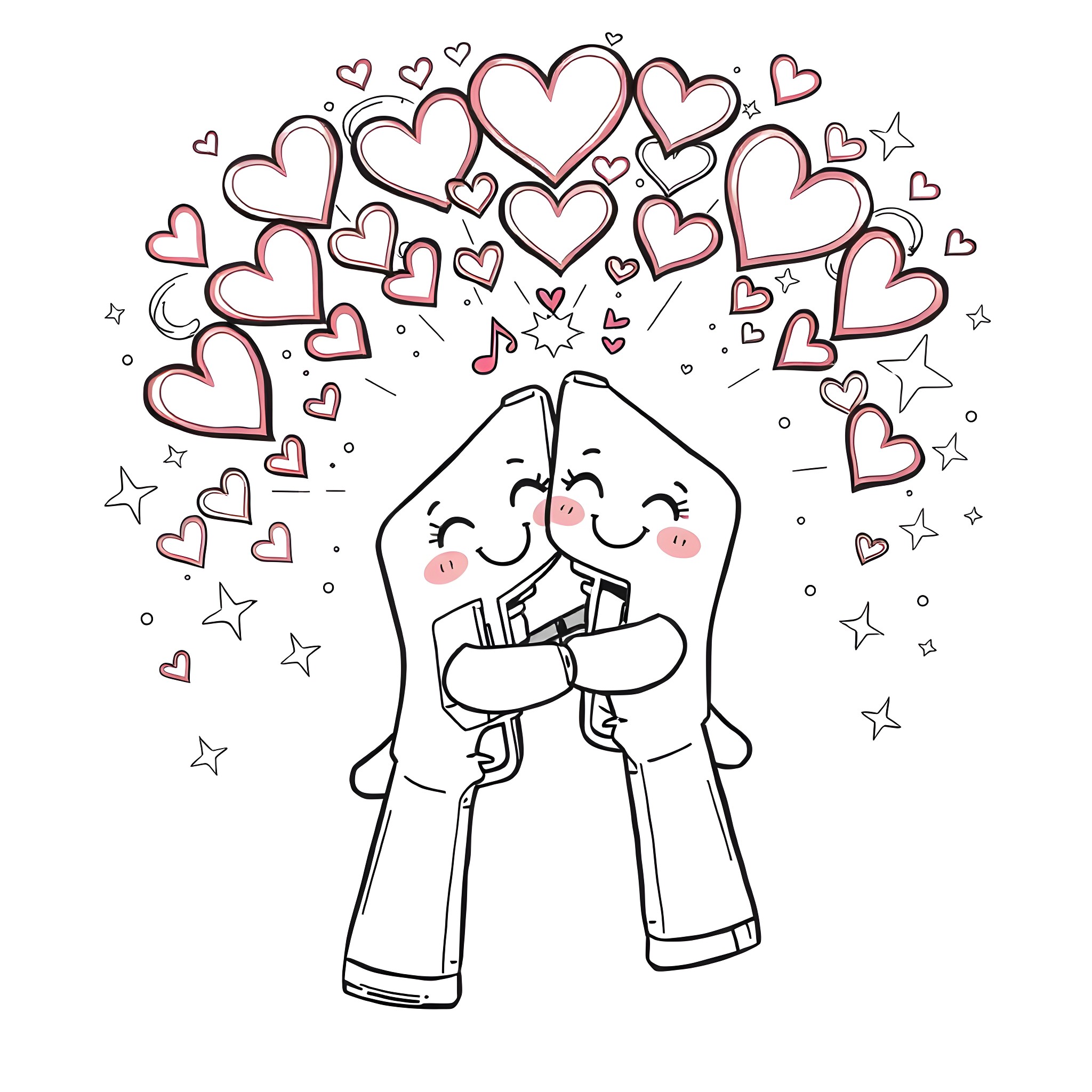 Gun-shaped characters expressing love with hearts Coloring Page (free black-and-white line drawing printable PDF for all, from beginners to advanced learners, including children, teens, adults, and seniors)