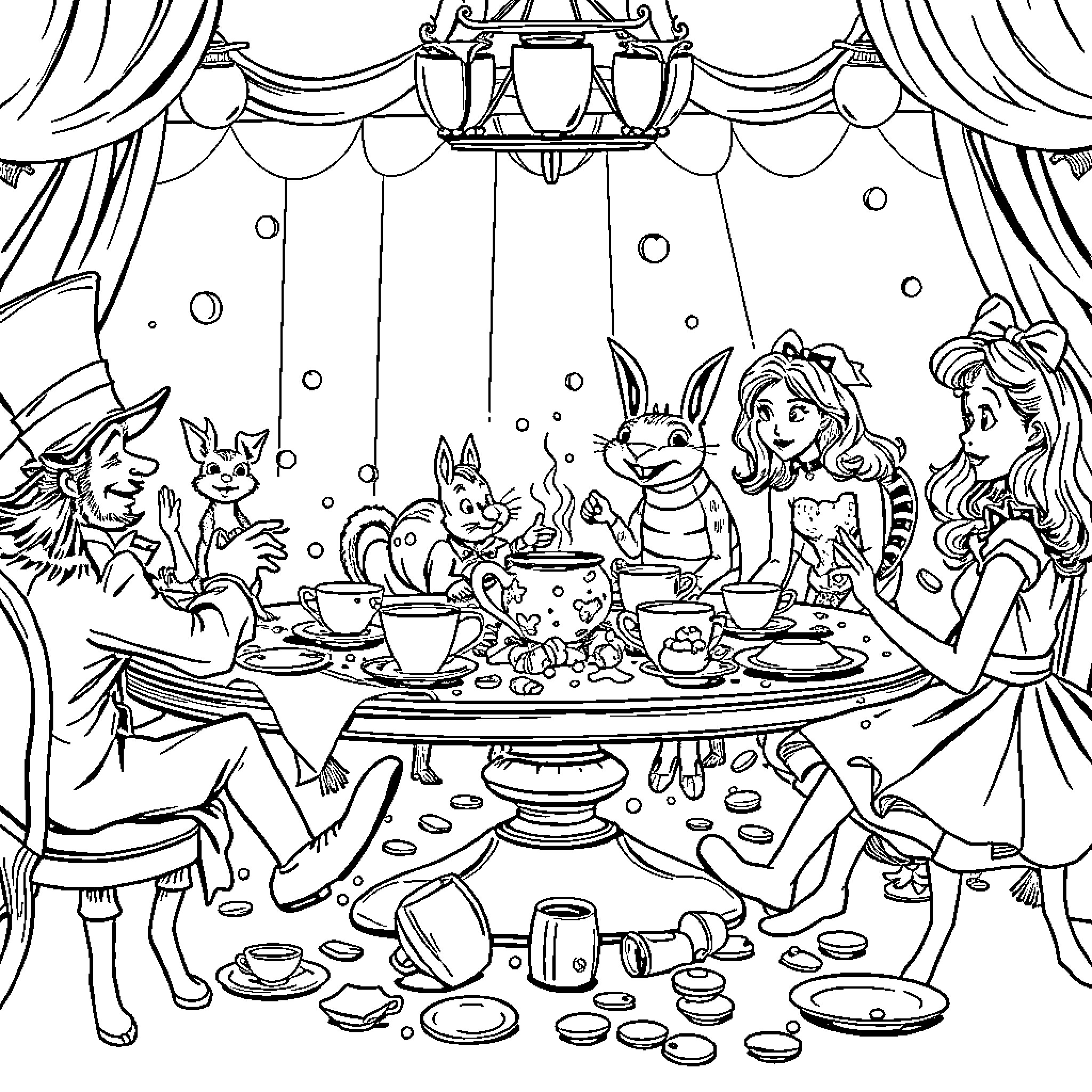 Alice's Enchanted Tea Party with Magical Creatures Coloring Page (free black-and-white line drawing printable PDF for all, from beginners to advanced learners, including children, teens, adults, and seniors)
