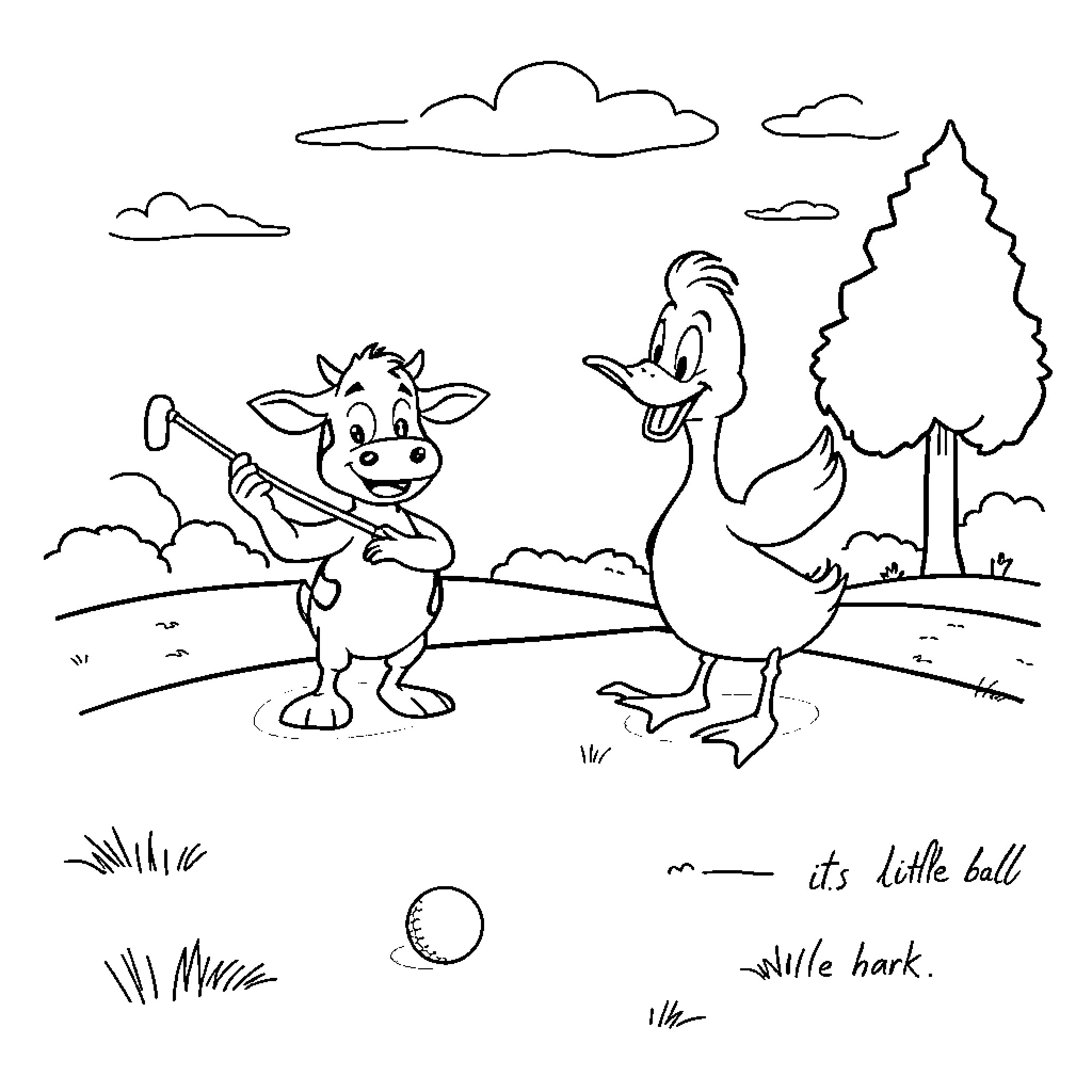 Cow and Duck Playing Ball in the Park Coloring Page (free black-and-white line drawing printable PDF for all, from beginners to advanced learners, including children, teens, adults, and seniors)
