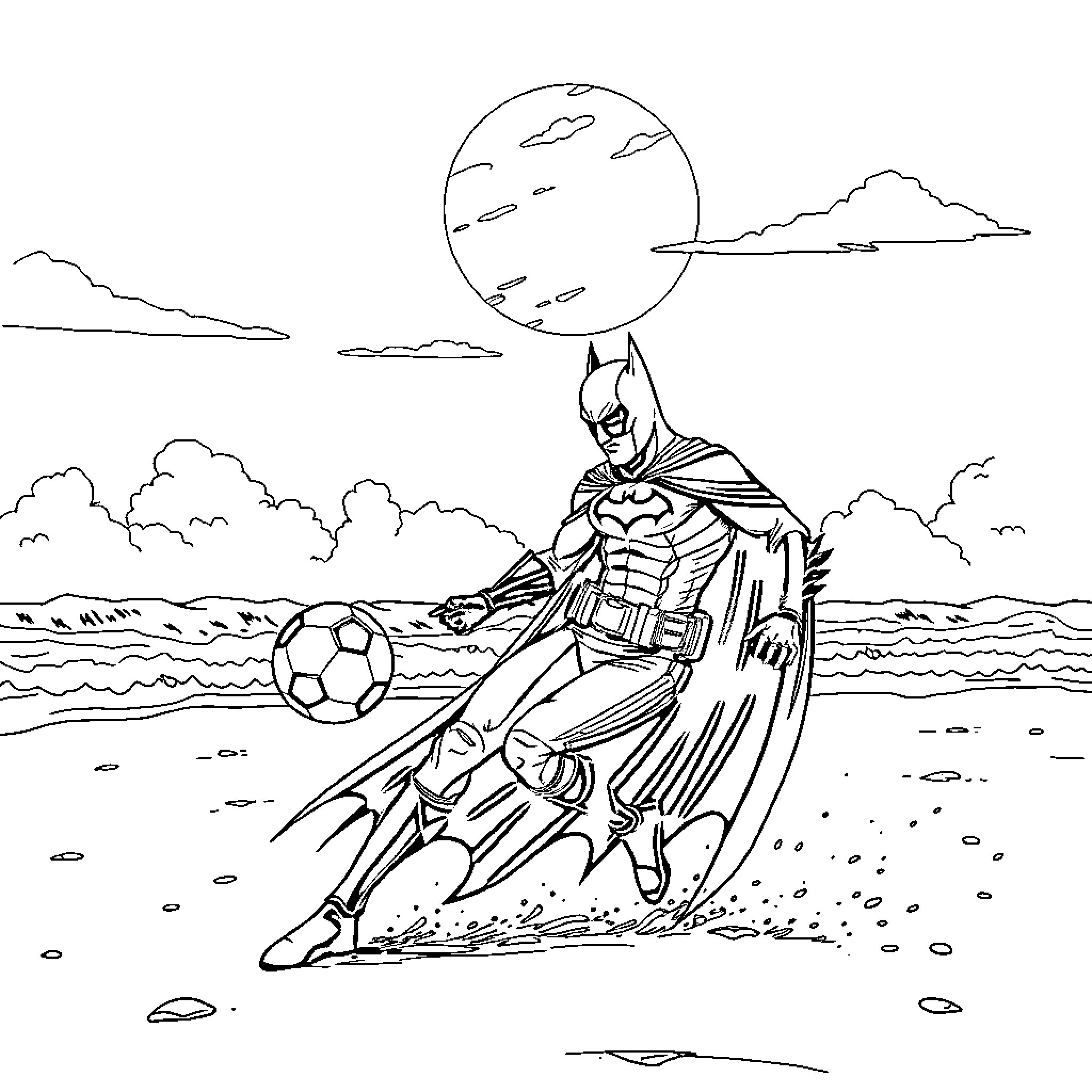 Batman playing soccer under the moonlight Coloring Page (free black-and-white line drawing printable PDF for all, from beginners to advanced learners, including children, teens, adults, and seniors)