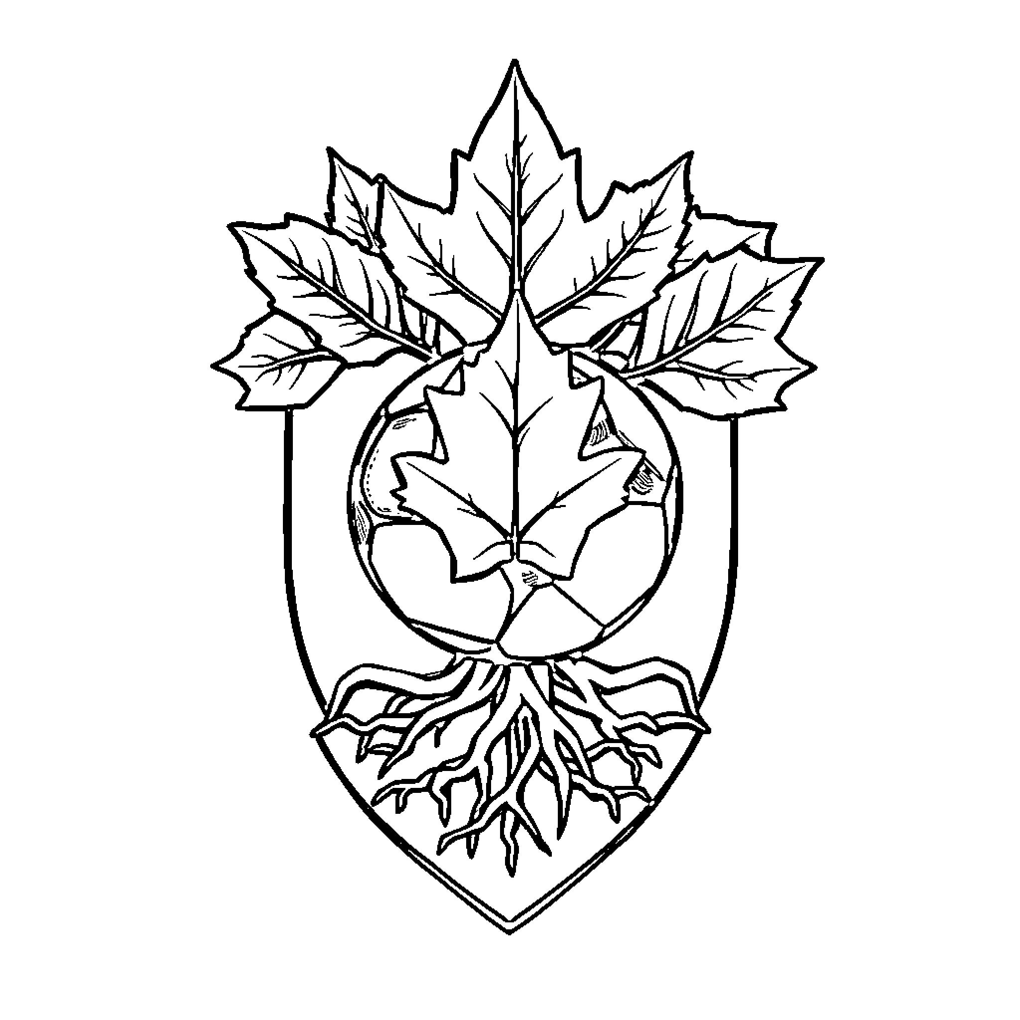 Soccer Crest with Maple Leaves and Roots Coloring Page (free black-and-white line drawing printable PDF for all, from beginners to advanced learners, including children, teens, adults, and seniors)