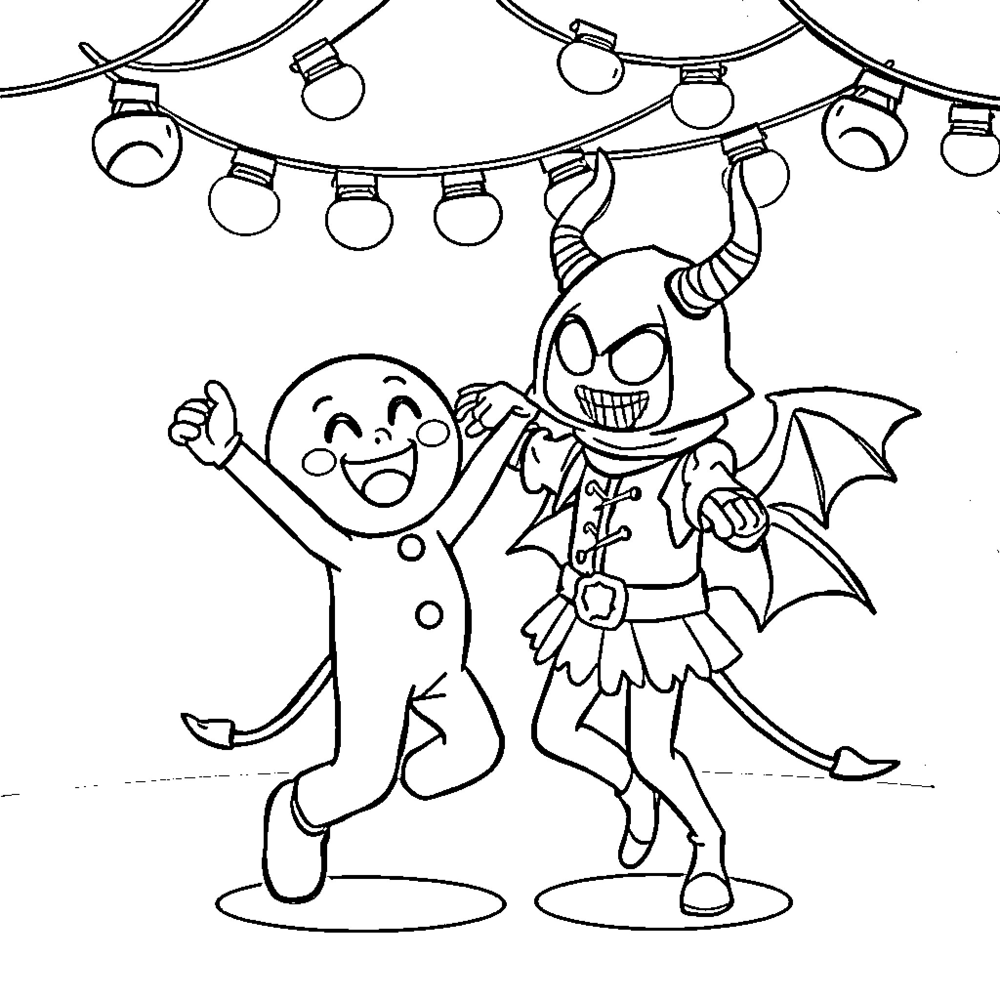 Anpanman and a costumed character dancing under lights Coloring Page (free black-and-white line drawing printable PDF for all, from beginners to advanced learners, including children, teens, adults, and seniors)