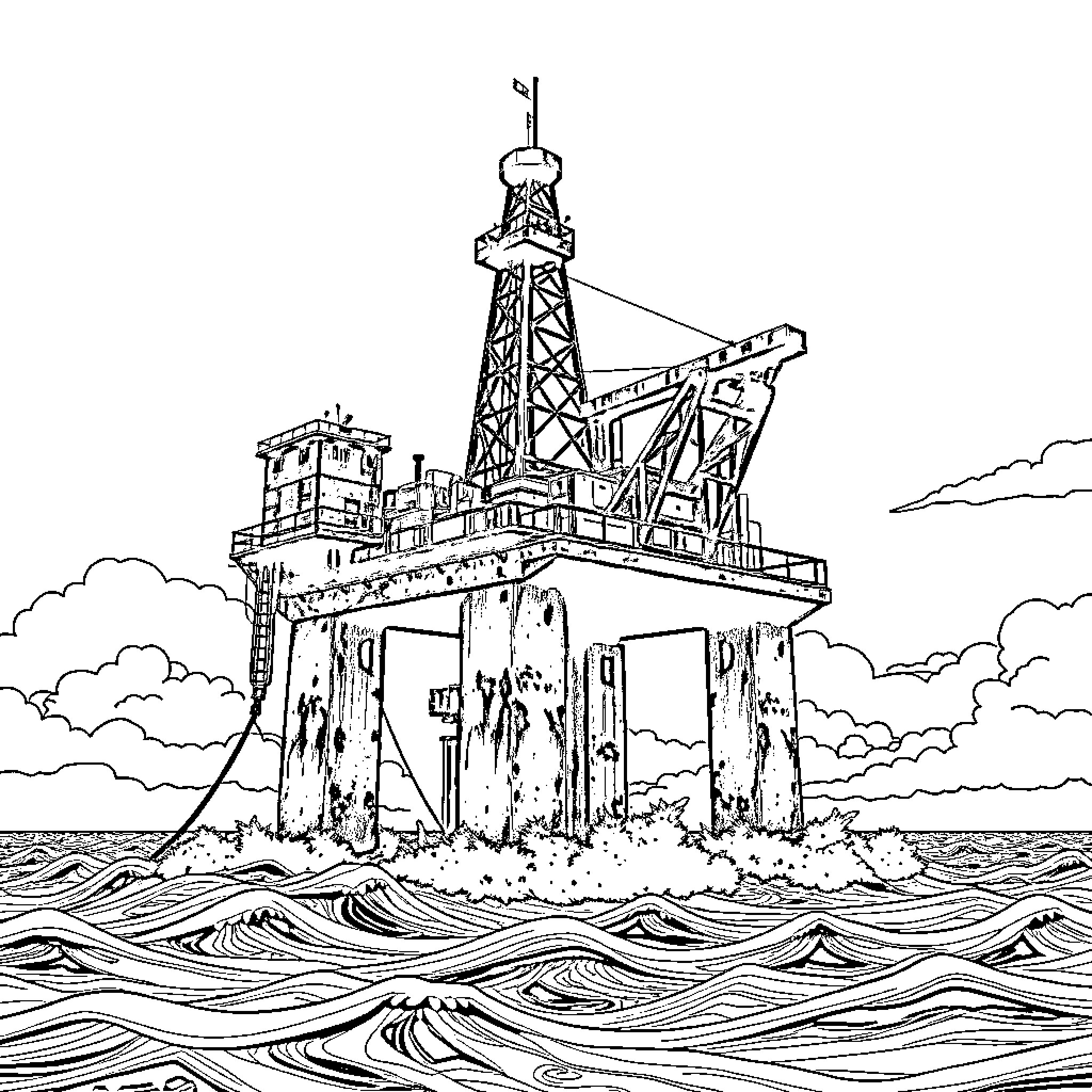 Oilrig standing tall against turbulent sea Coloring Page (free black-and-white line drawing printable PDF for all, from beginners to advanced learners, including children, teens, adults, and seniors)