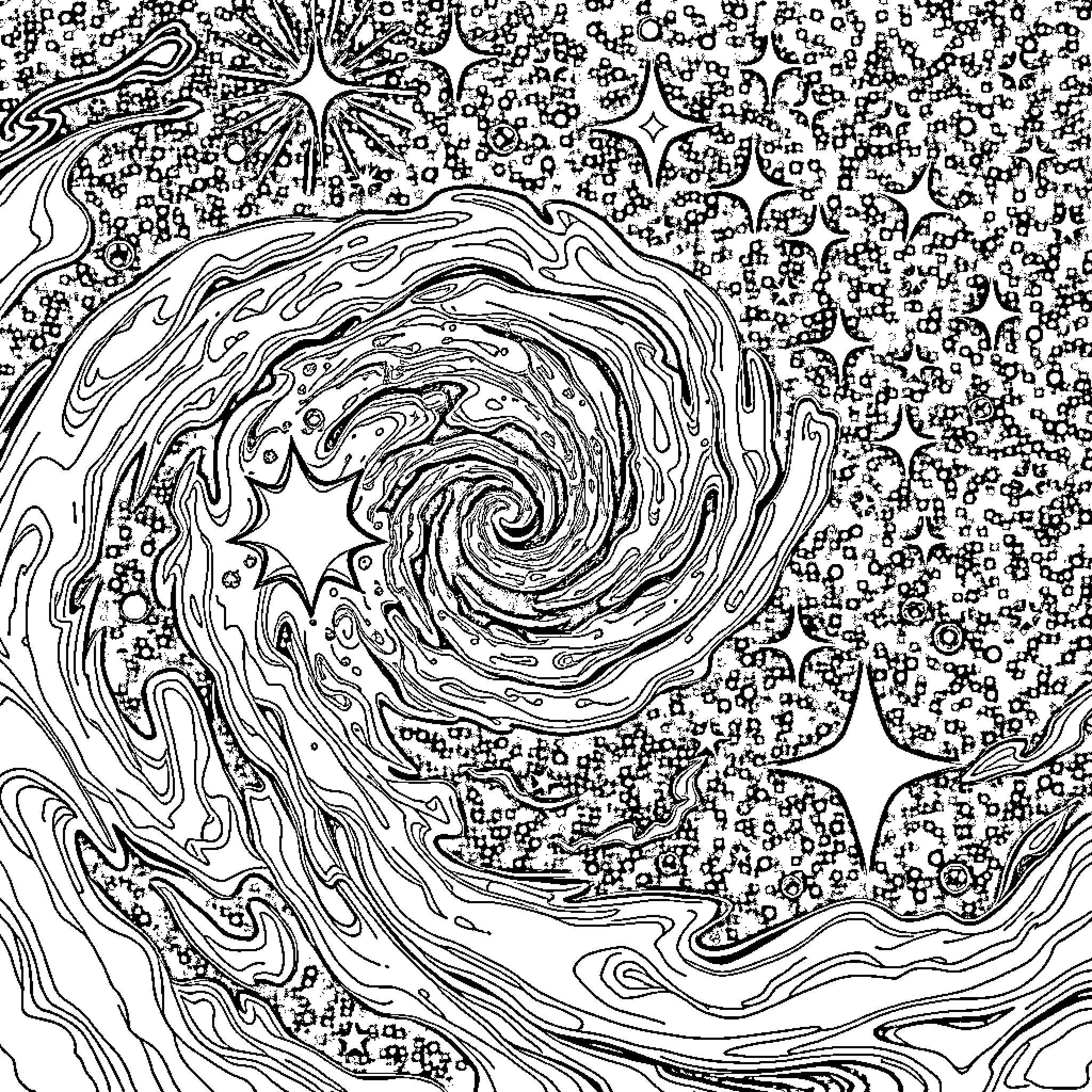 Swirl of Cosmic Patterns Coloring Page (free black-and-white line drawing printable PDF for all, from beginners to advanced learners, including children, teens, adults, and seniors)