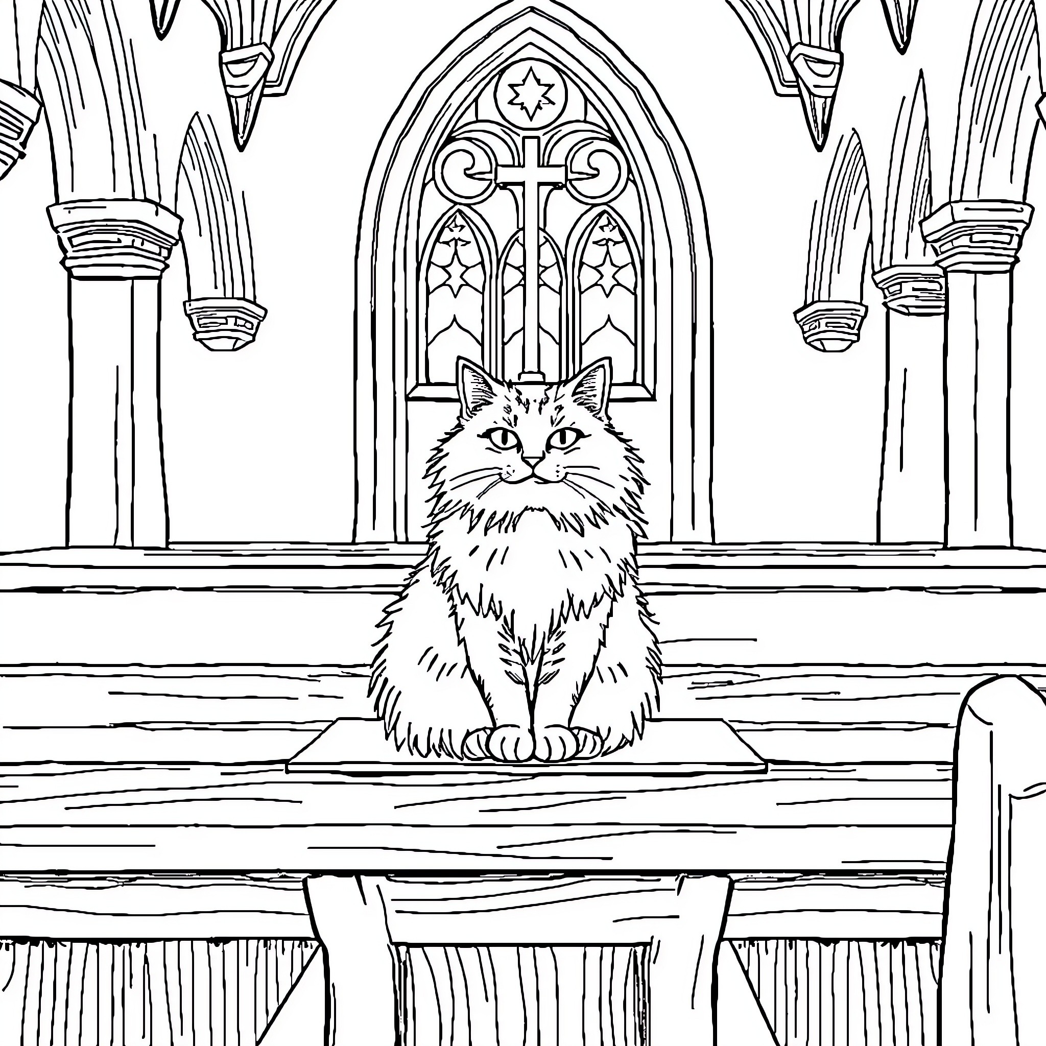 Cat in a cathedral-like setting Coloring Page (free black-and-white line drawing printable PDF for all, from beginners to advanced learners, including children, teens, adults, and seniors)