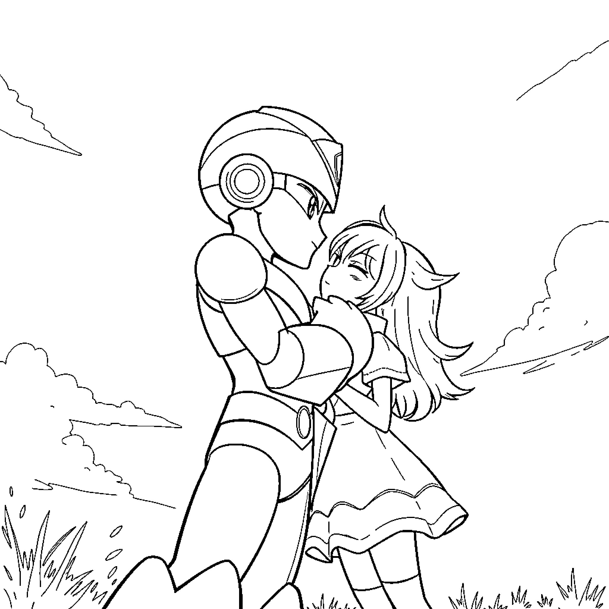 Megaman and female companion in a serene outdoor setting Coloring Page (free black-and-white line drawing printable PDF for all, from beginners to advanced learners, including children, teens, adults, and seniors)