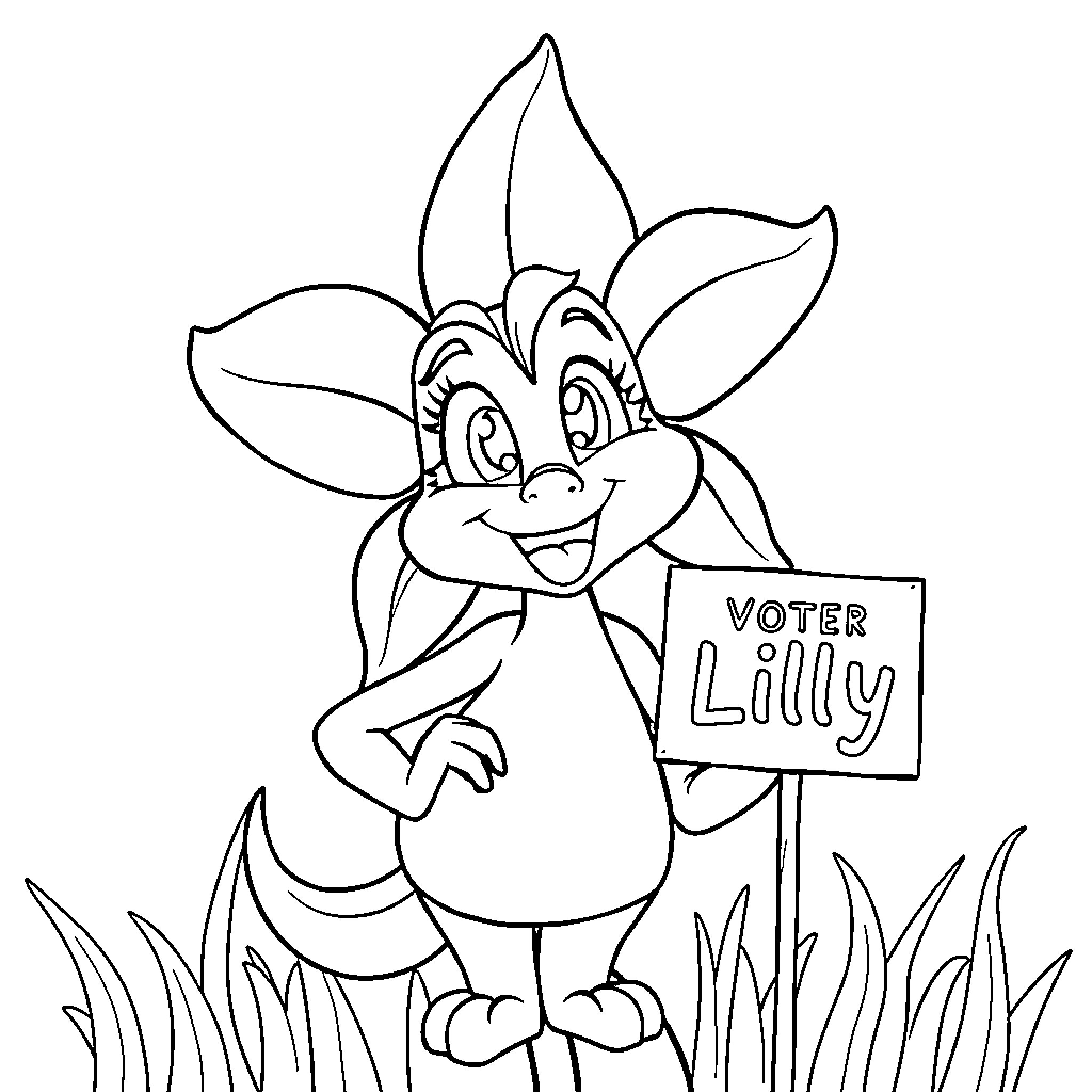 Lilly the Voter Encouraging Political Participation Coloring Page (free black-and-white line drawing printable PDF for all, from beginners to advanced learners, including children, teens, adults, and seniors)