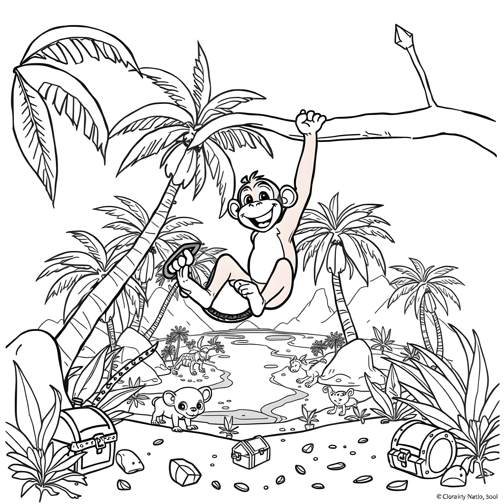 Abu the Monkey Playing Happily in the Jungle Coloring Page (free black-and-white line drawing printable PDF for all, from beginners to advanced learners, including children, teens, adults, and seniors)