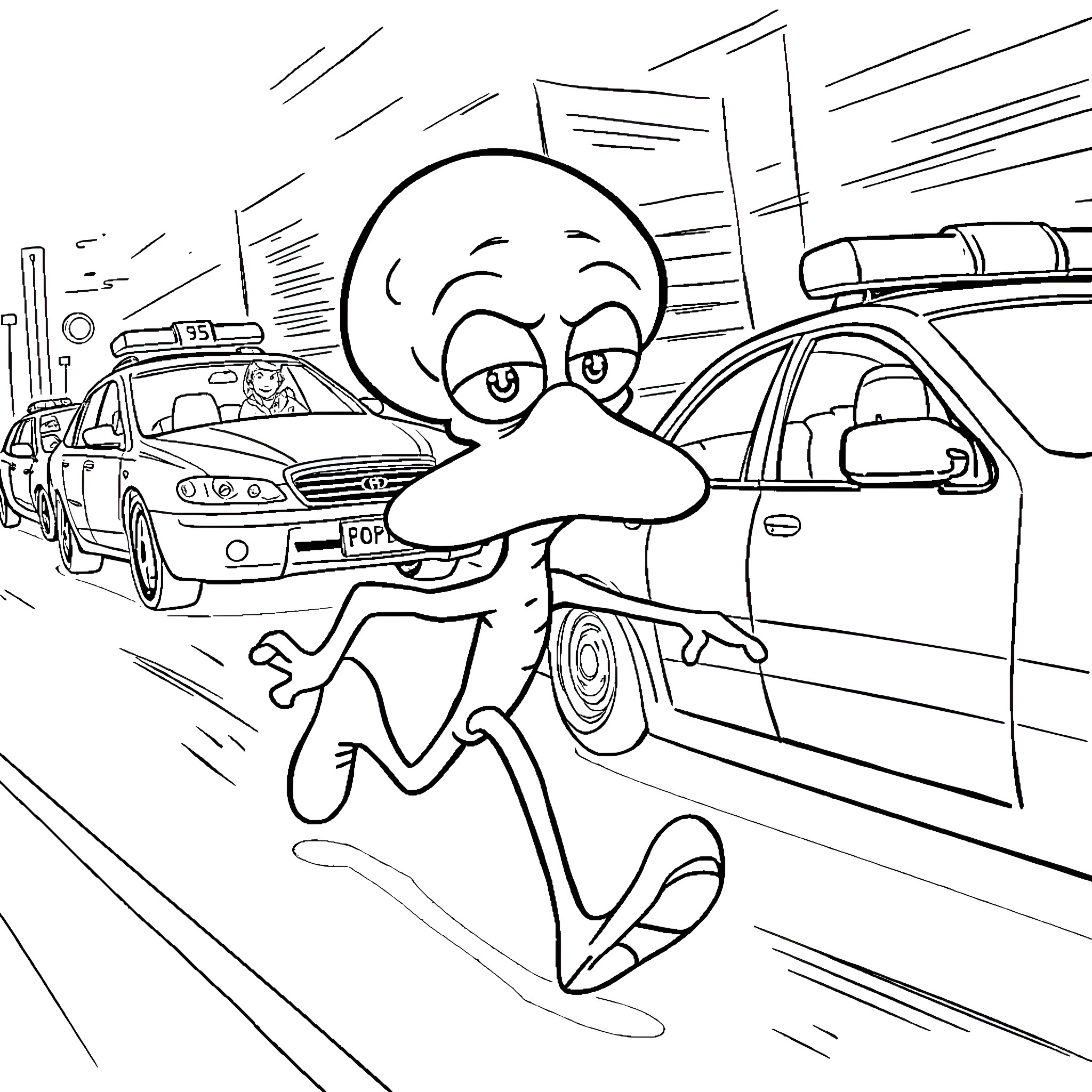 Squidward running from police cars in pursuit Coloring Page (free black-and-white line drawing printable PDF for all, from beginners to advanced learners, including children, teens, adults, and seniors)