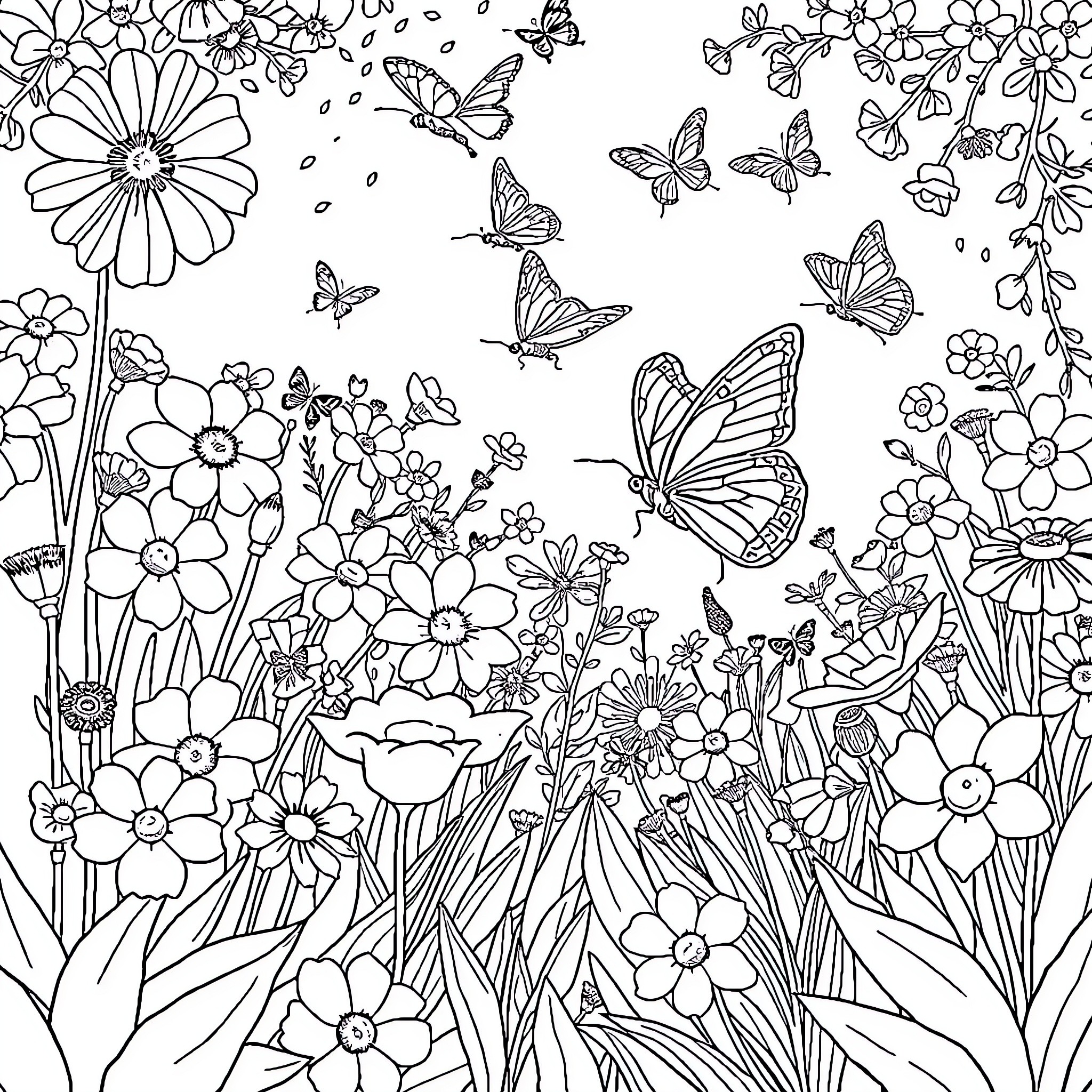 Flower garden with fluttering butterflies Coloring Page (free black-and-white line drawing printable PDF for all, from beginners to advanced learners, including children, teens, adults, and seniors)