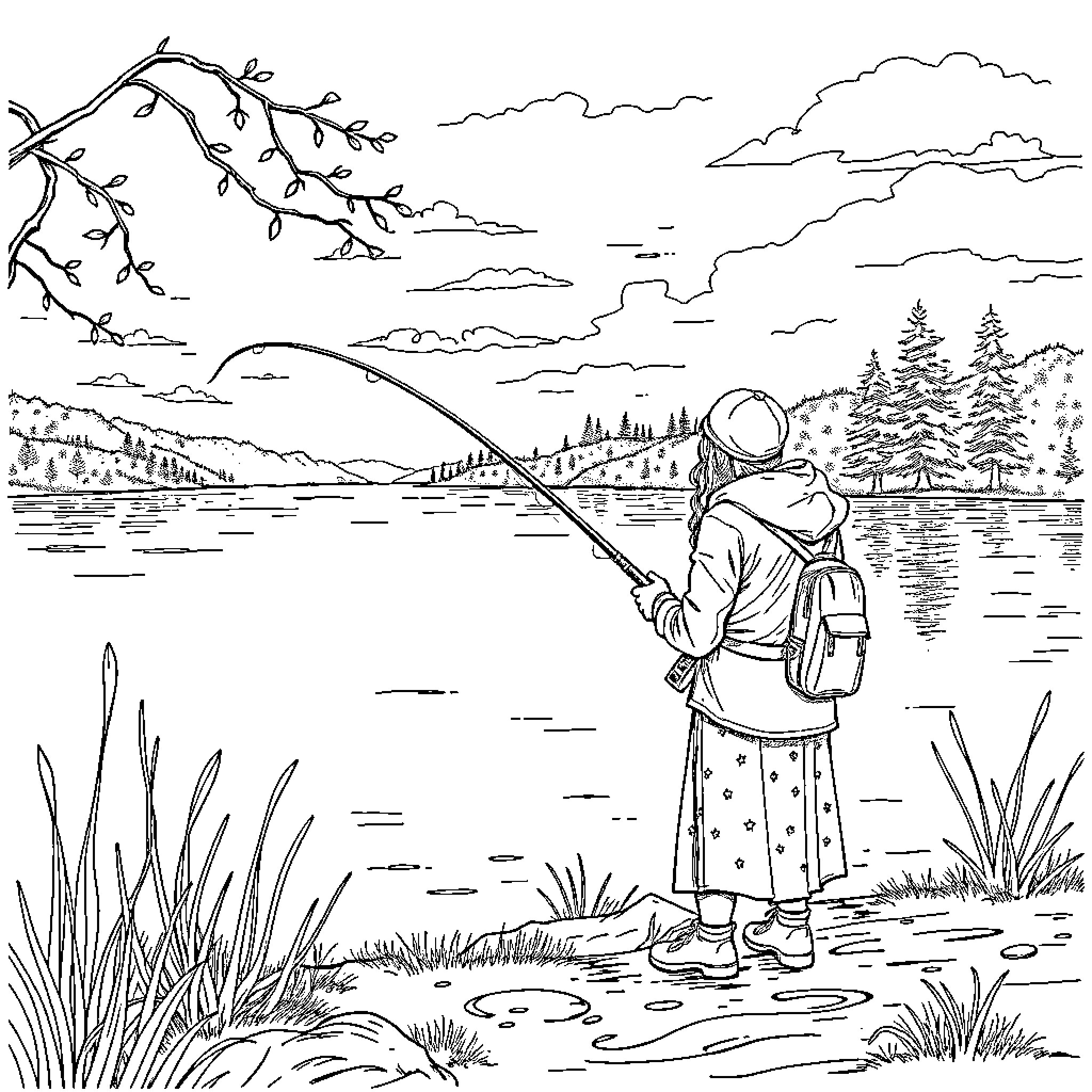 Fishing in serene outdoor landscape Coloring Page (free black-and-white line drawing printable PDF for all, from beginners to advanced learners, including children, teens, adults, and seniors)