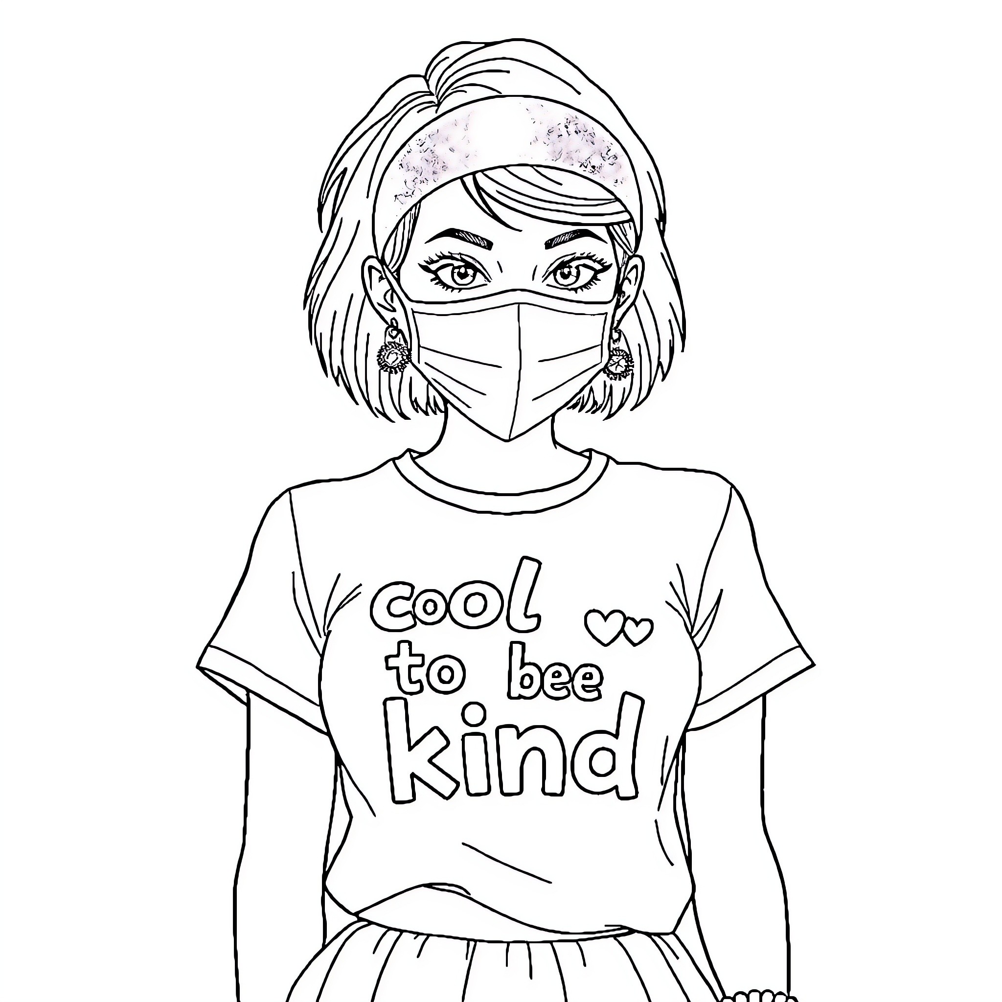 Woman wearing a mask with a positive message Coloring Page (free black-and-white line drawing printable PDF for all, from beginners to advanced learners, including children, teens, adults, and seniors)