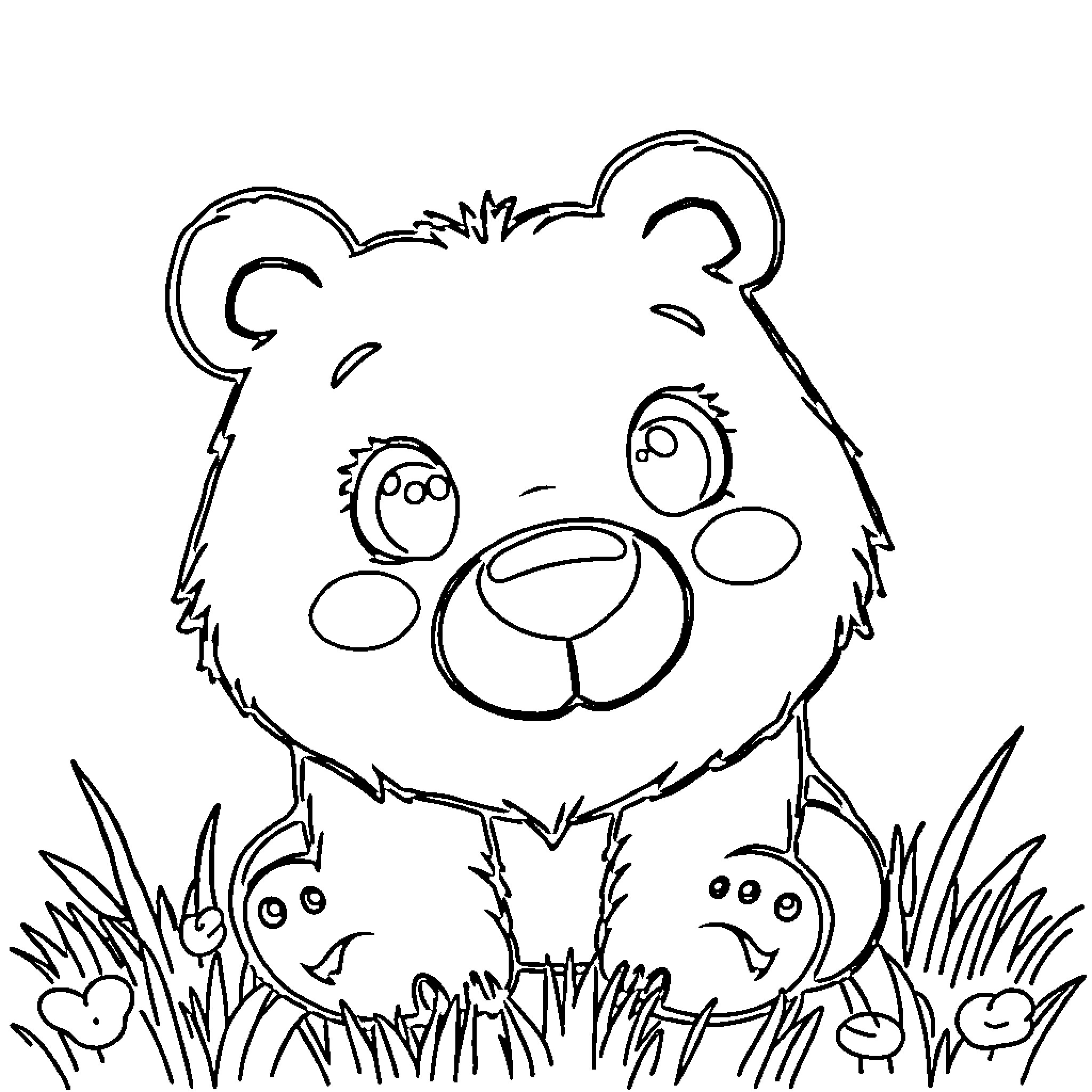 Bear playing with friends in grassy field Coloring Page (free black-and-white line drawing printable PDF for all, from beginners to advanced learners, including children, teens, adults, and seniors)