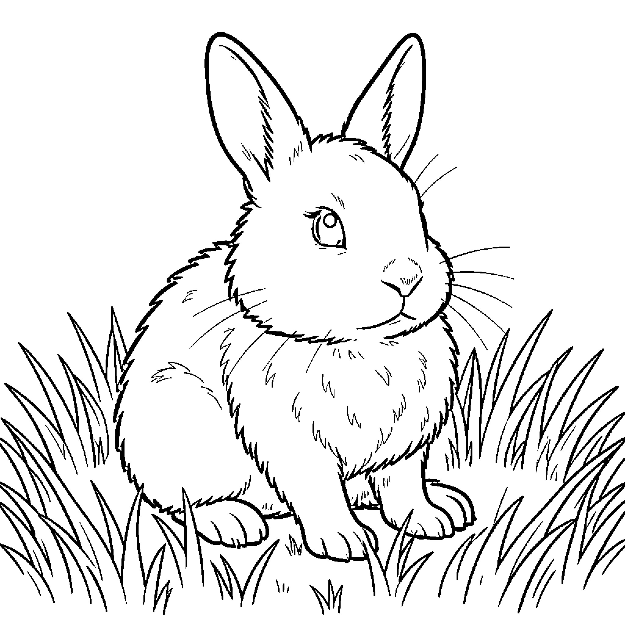 Rabbit sitting calmly in the tall grass Coloring Page (free black-and-white line drawing printable PDF for all, from beginners to advanced learners, including children, teens, adults, and seniors)