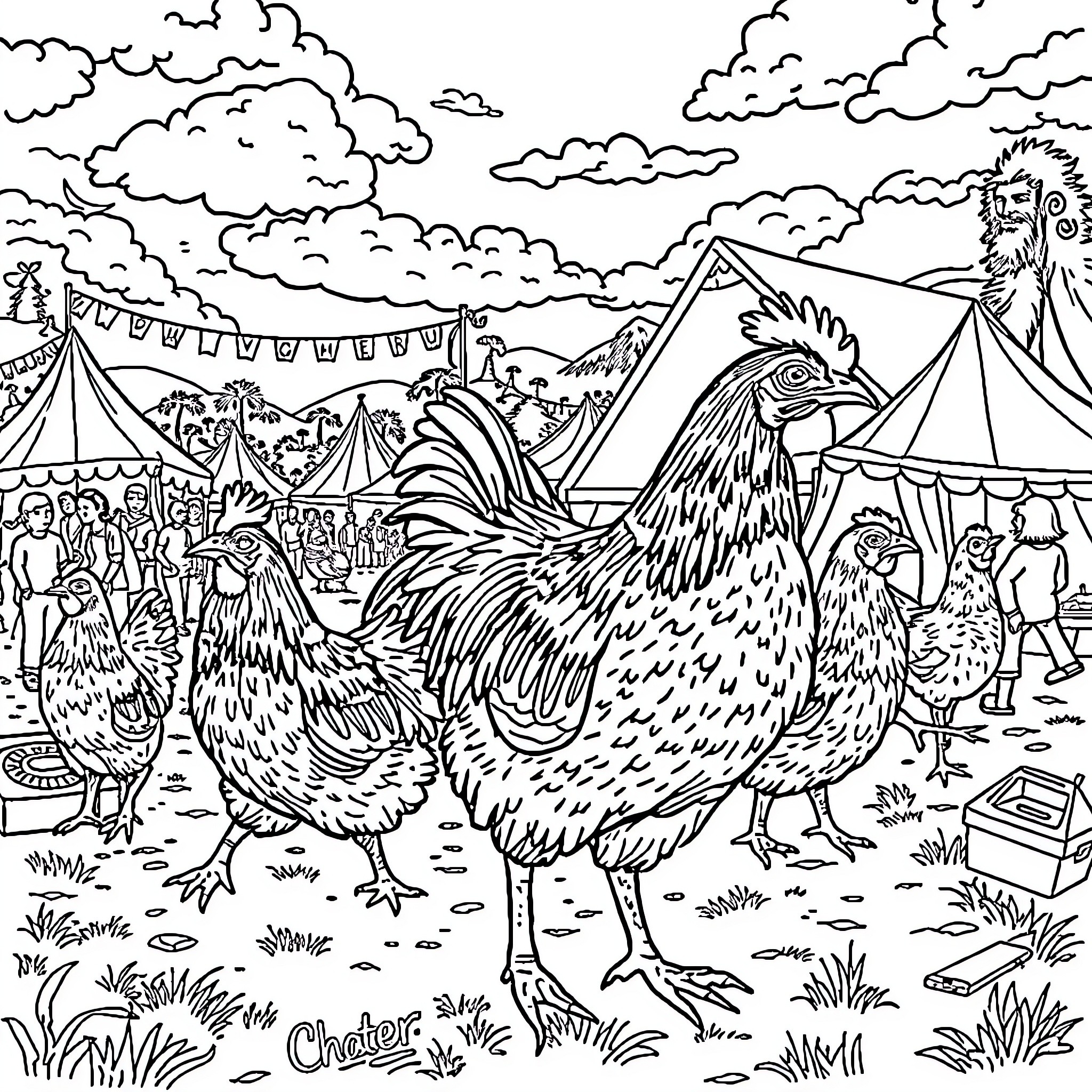 Chicken at a Lively Carnival Scene Coloring Page (free black-and-white line drawing printable PDF for all, from beginners to advanced learners, including children, teens, adults, and seniors)