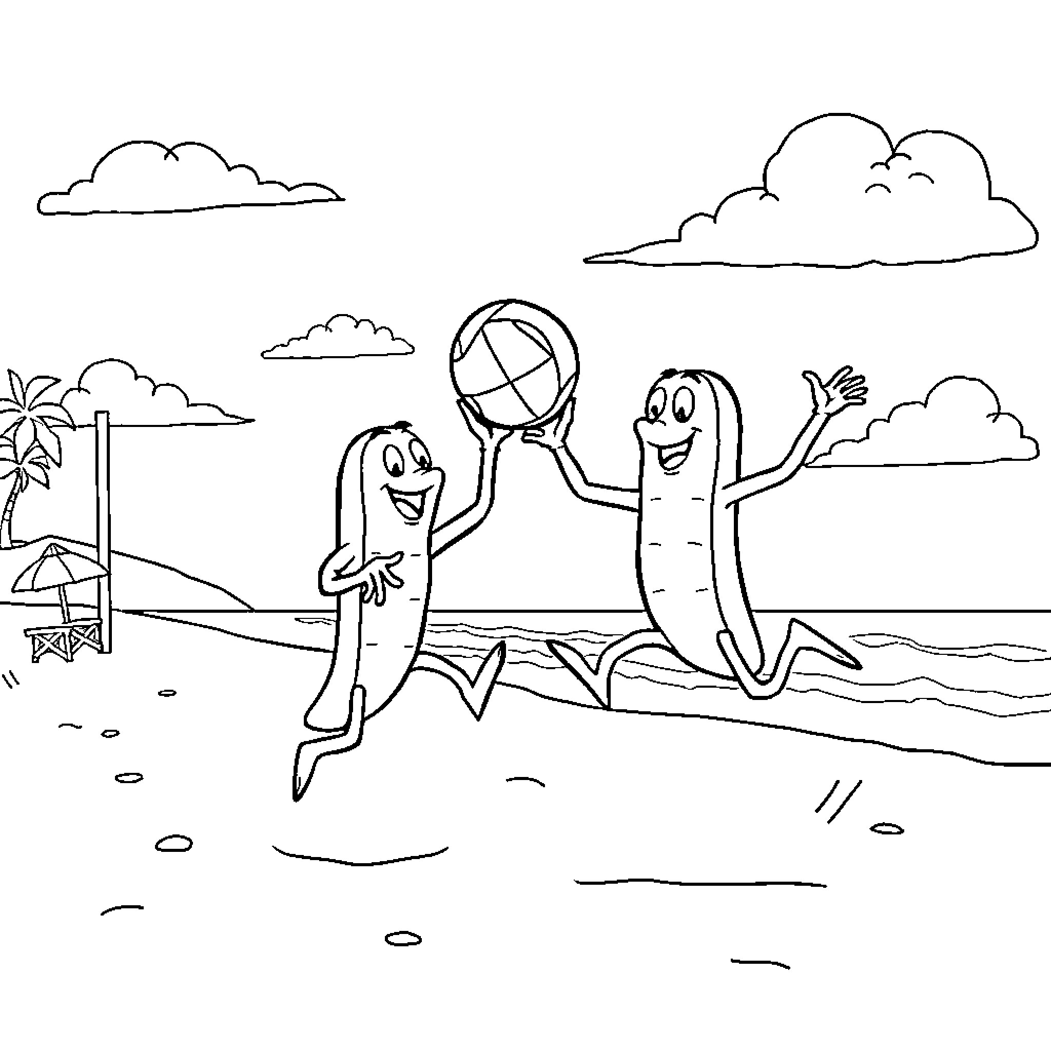 Green Bean characters playing joyfully on the beach Coloring Page (free black-and-white line drawing printable PDF for all, from beginners to advanced learners, including children, teens, adults, and seniors)