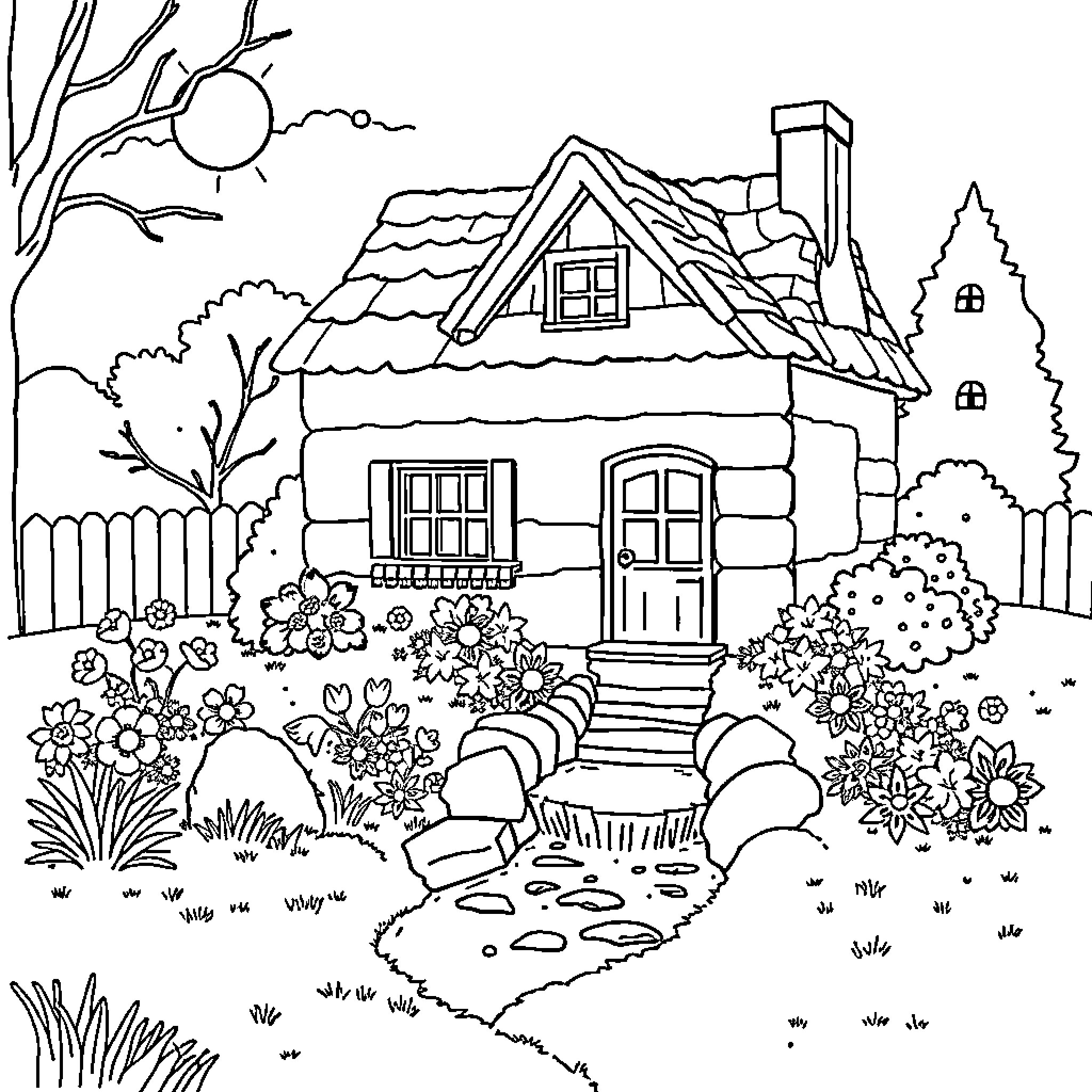 Cottage in a Serene Garden Coloring Page (free black-and-white line drawing printable PDF for all, from beginners to advanced learners, including children, teens, adults, and seniors)
