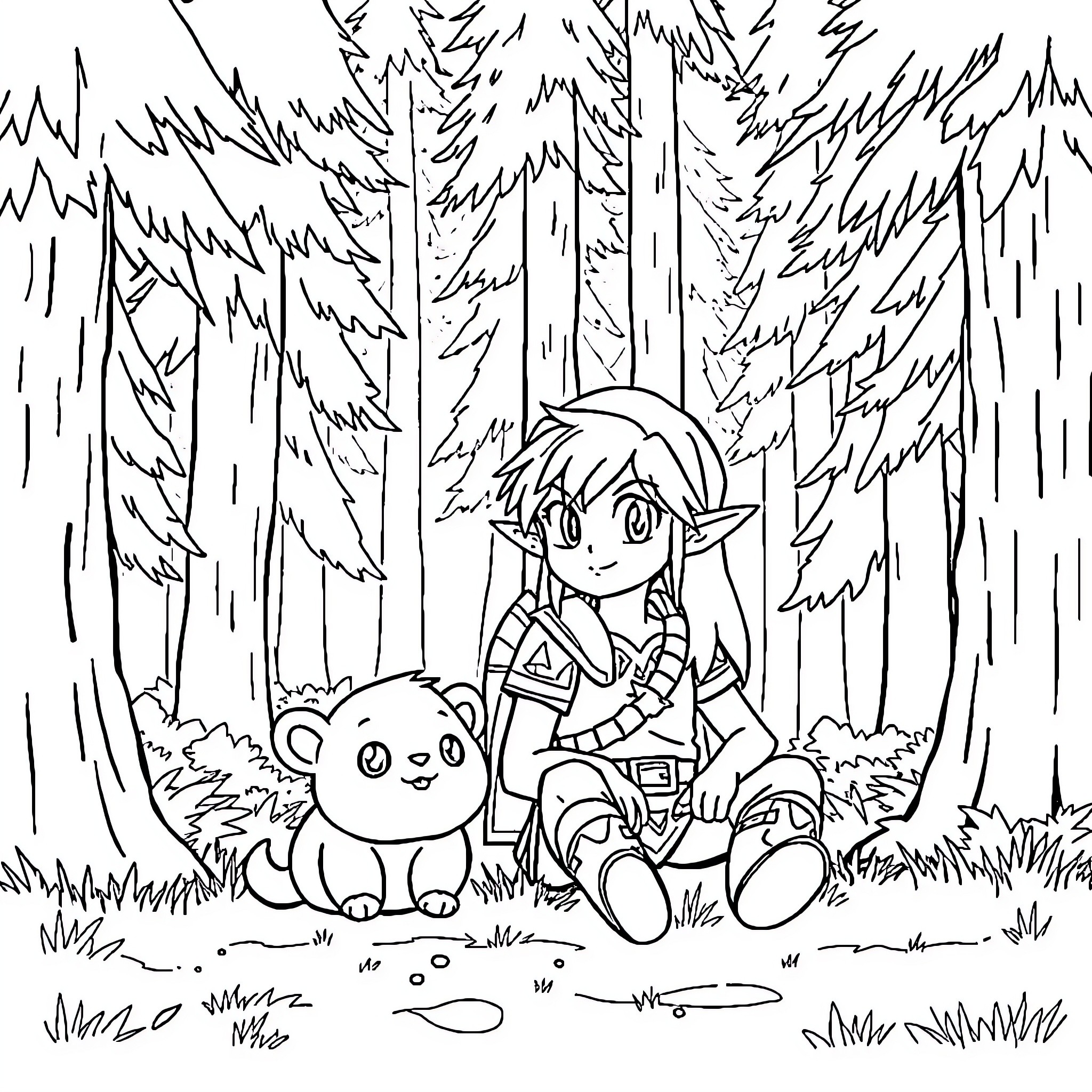 Schnubble and Link in a Forest Adventure Coloring Page (free black-and-white line drawing printable PDF for all, from beginners to advanced learners, including children, teens, adults, and seniors)