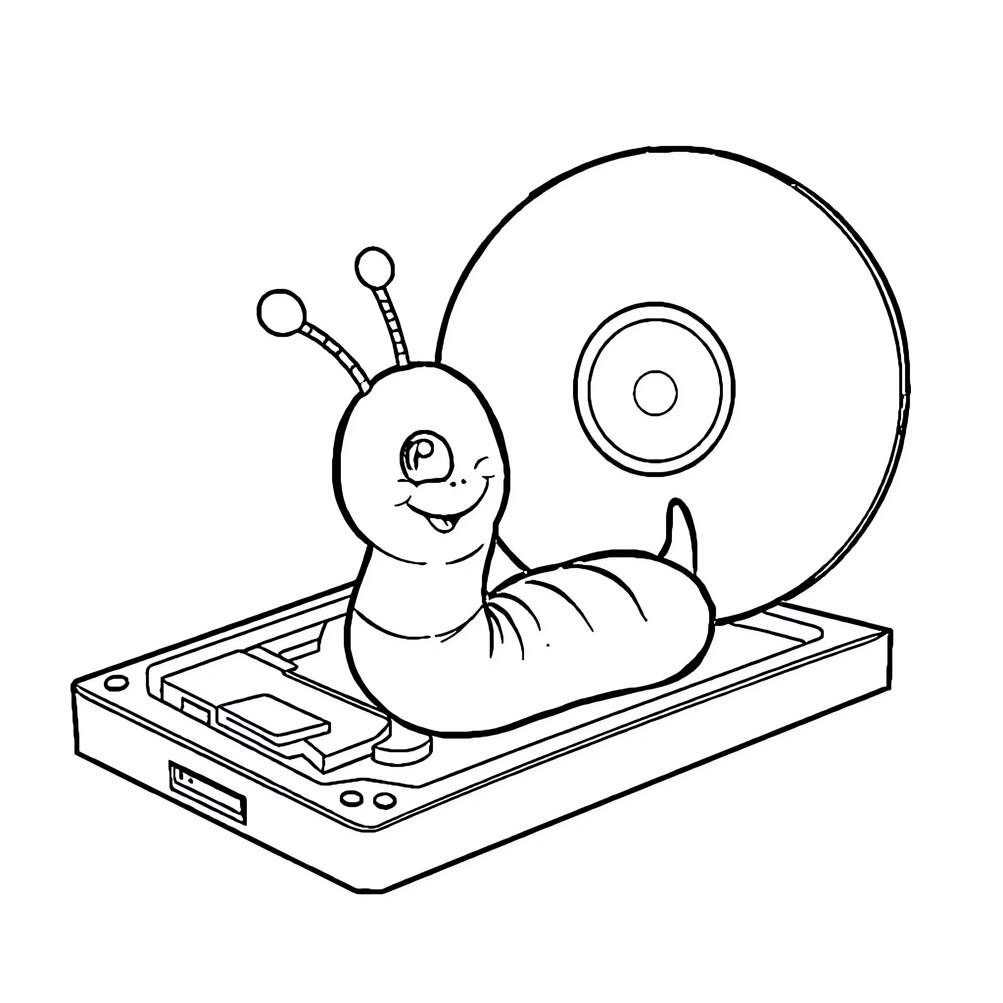 Worm exploring a technological device Coloring Page (free black-and-white line drawing printable PDF for all, from beginners to advanced learners, including children, teens, adults, and seniors)