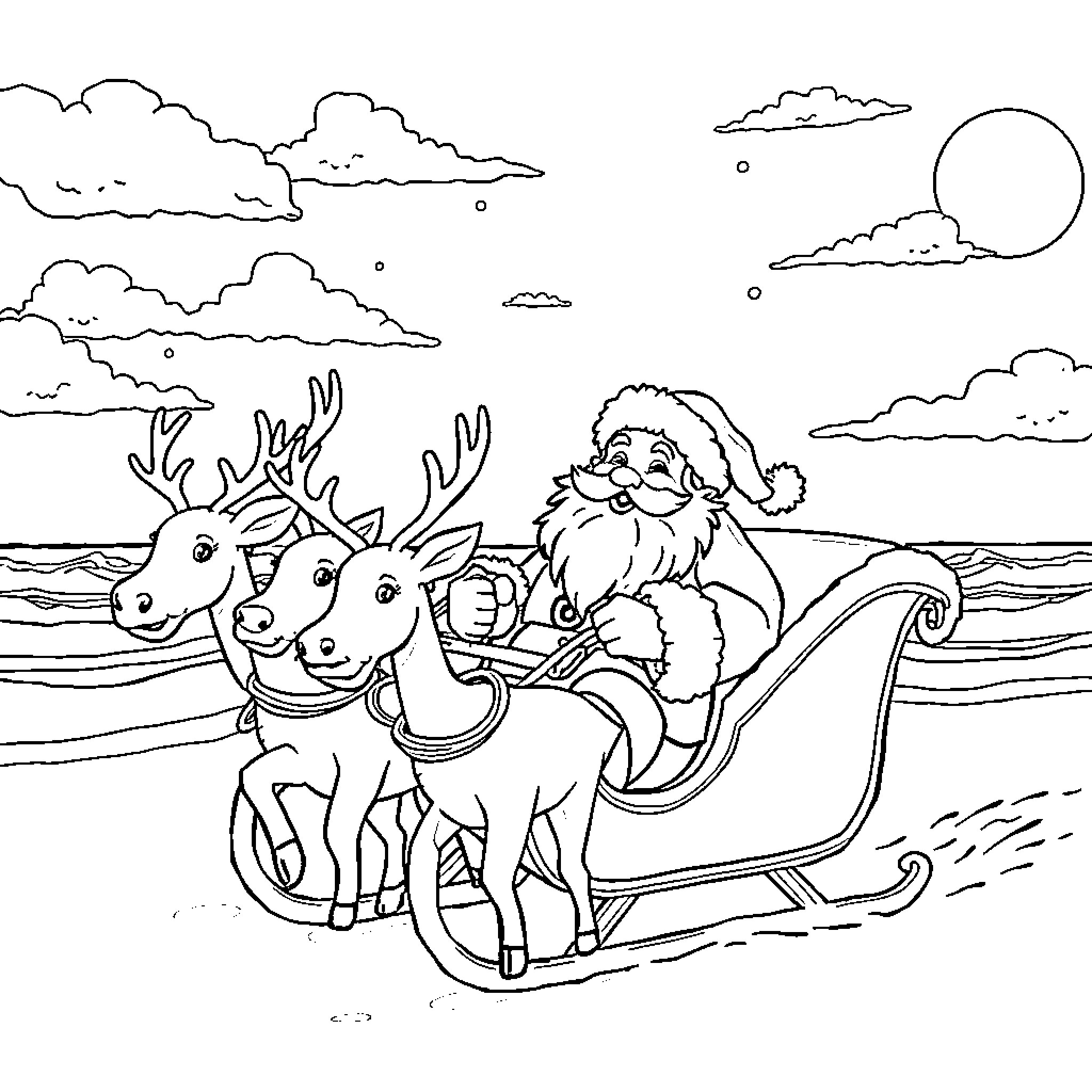 Santa riding sleigh with reindeer in winter landscape Coloring Page (free black-and-white line drawing printable PDF for all, from beginners to advanced learners, including children, teens, adults, and seniors)