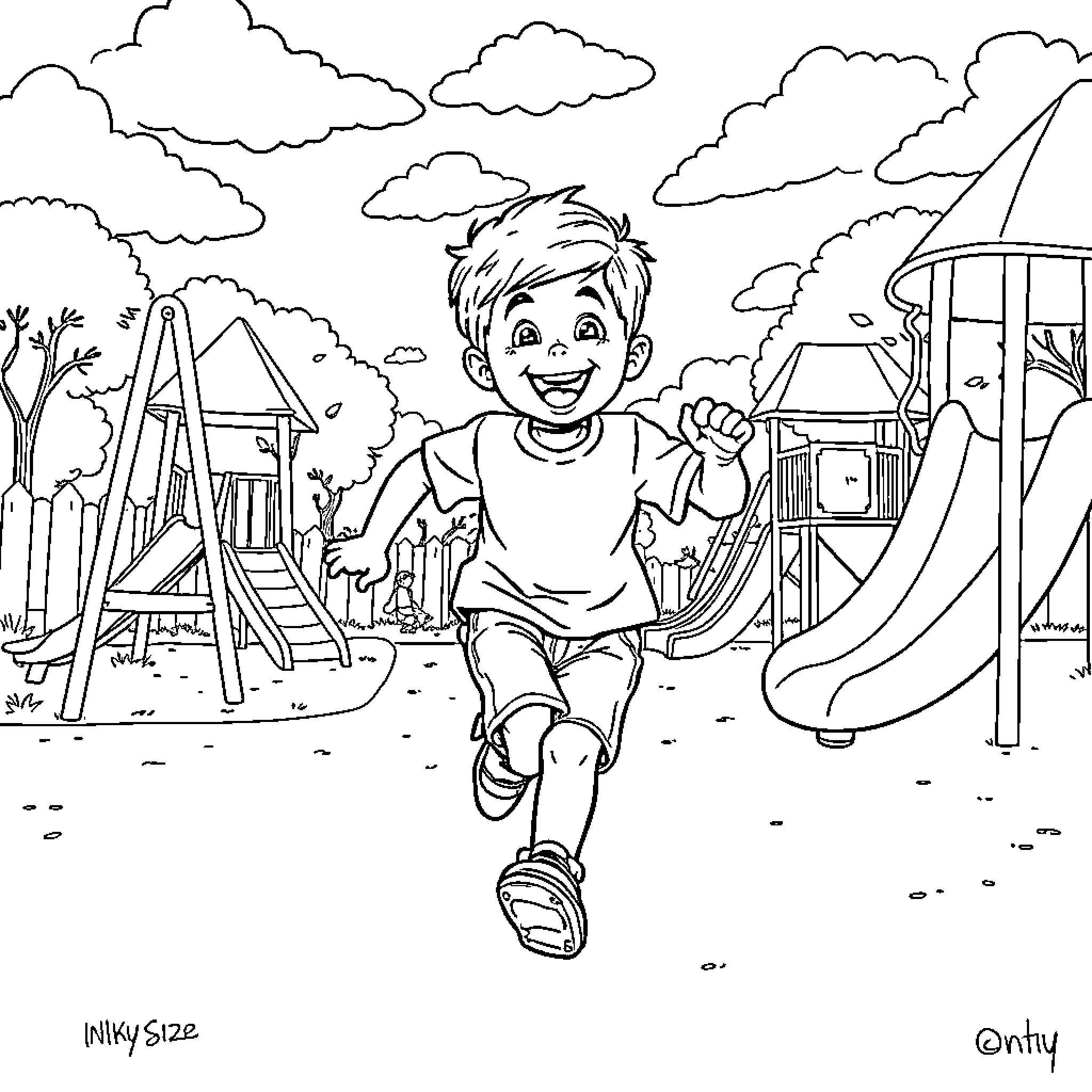 Boy joyfully playing on playground equipment Coloring Page (free black-and-white line drawing printable PDF for all, from beginners to advanced learners, including children, teens, adults, and seniors)