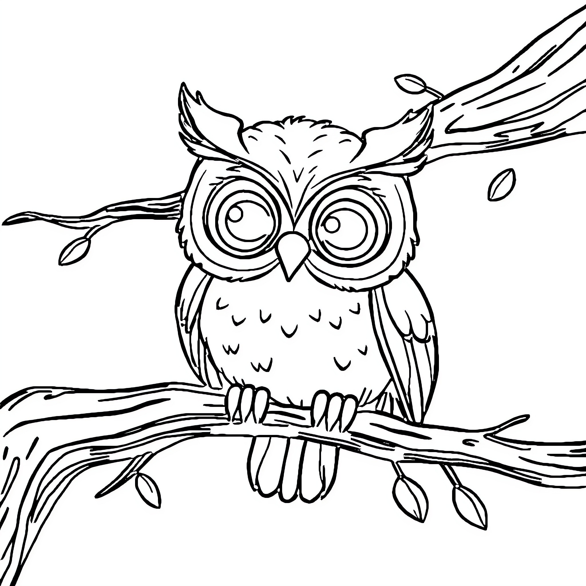 Owl perched on branch with outstretched wings Coloring Page (free black-and-white line drawing printable PDF for all, from beginners to advanced learners, including children, teens, adults, and seniors)