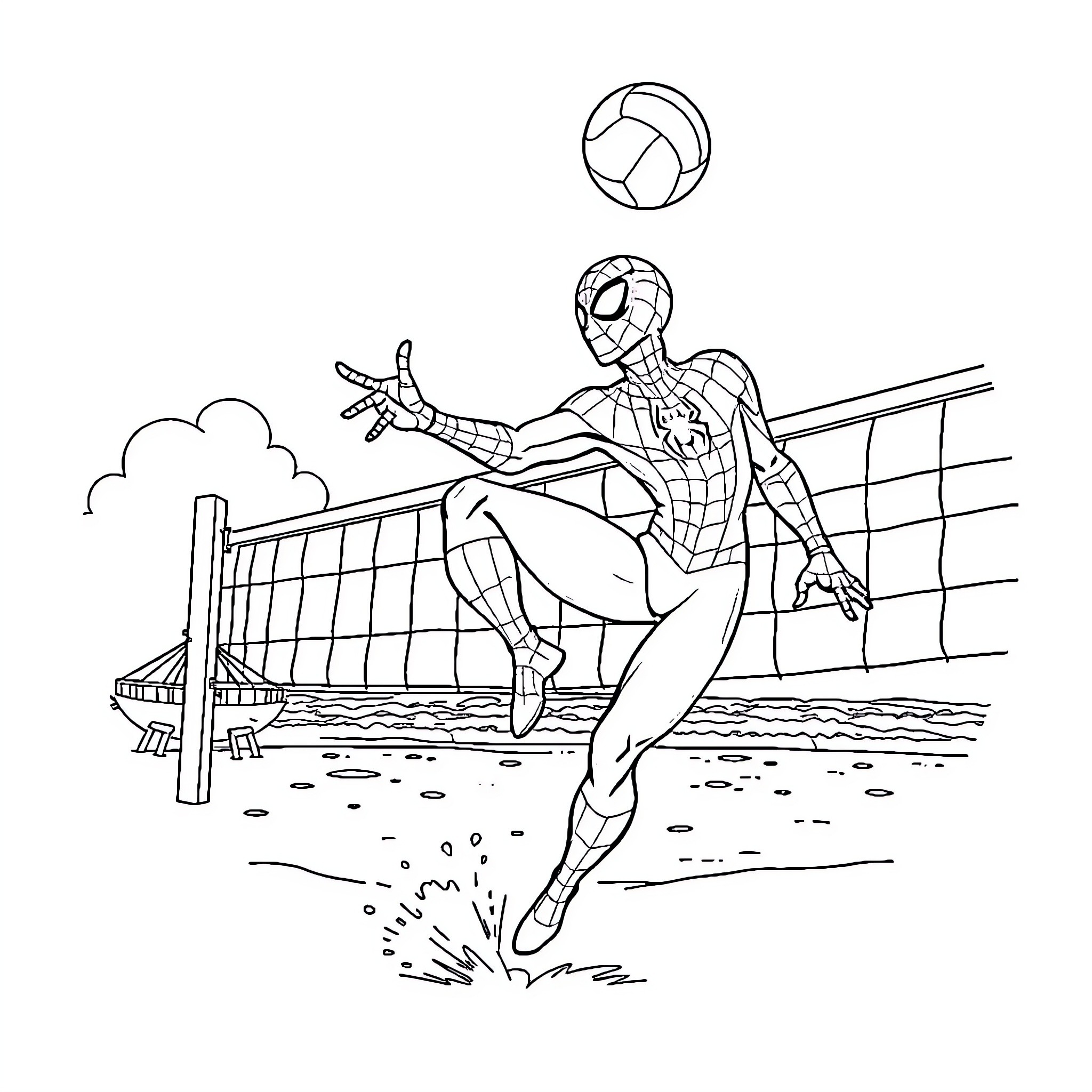 Spiderman Leaping and Playing Volleyball Coloring Page (free black-and-white line drawing printable PDF for all, from beginners to advanced learners, including children, teens, adults, and seniors)