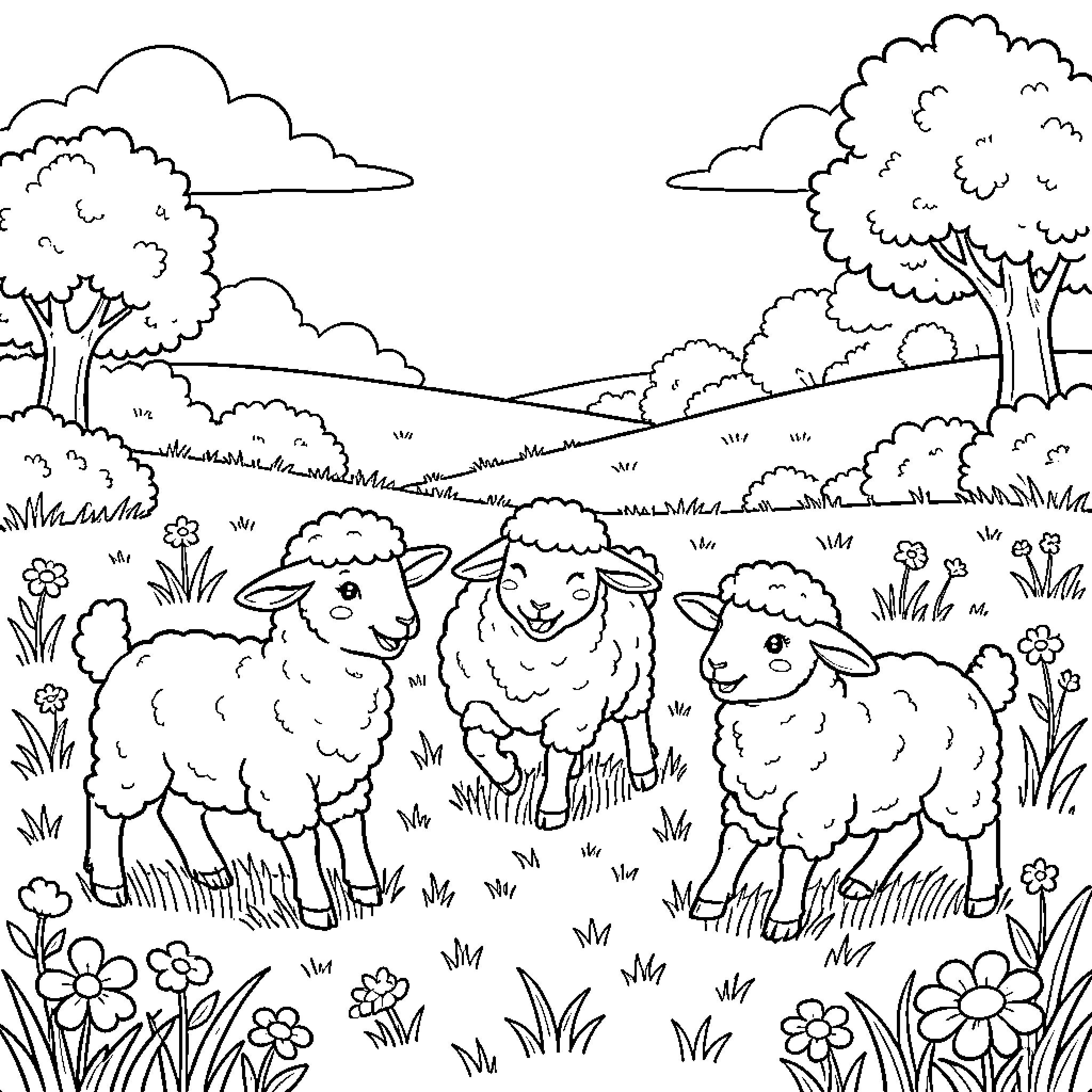 Lamb frolicking in a pastoral meadow Coloring Page (free black-and-white line drawing printable PDF for all, from beginners to advanced learners, including children, teens, adults, and seniors)
