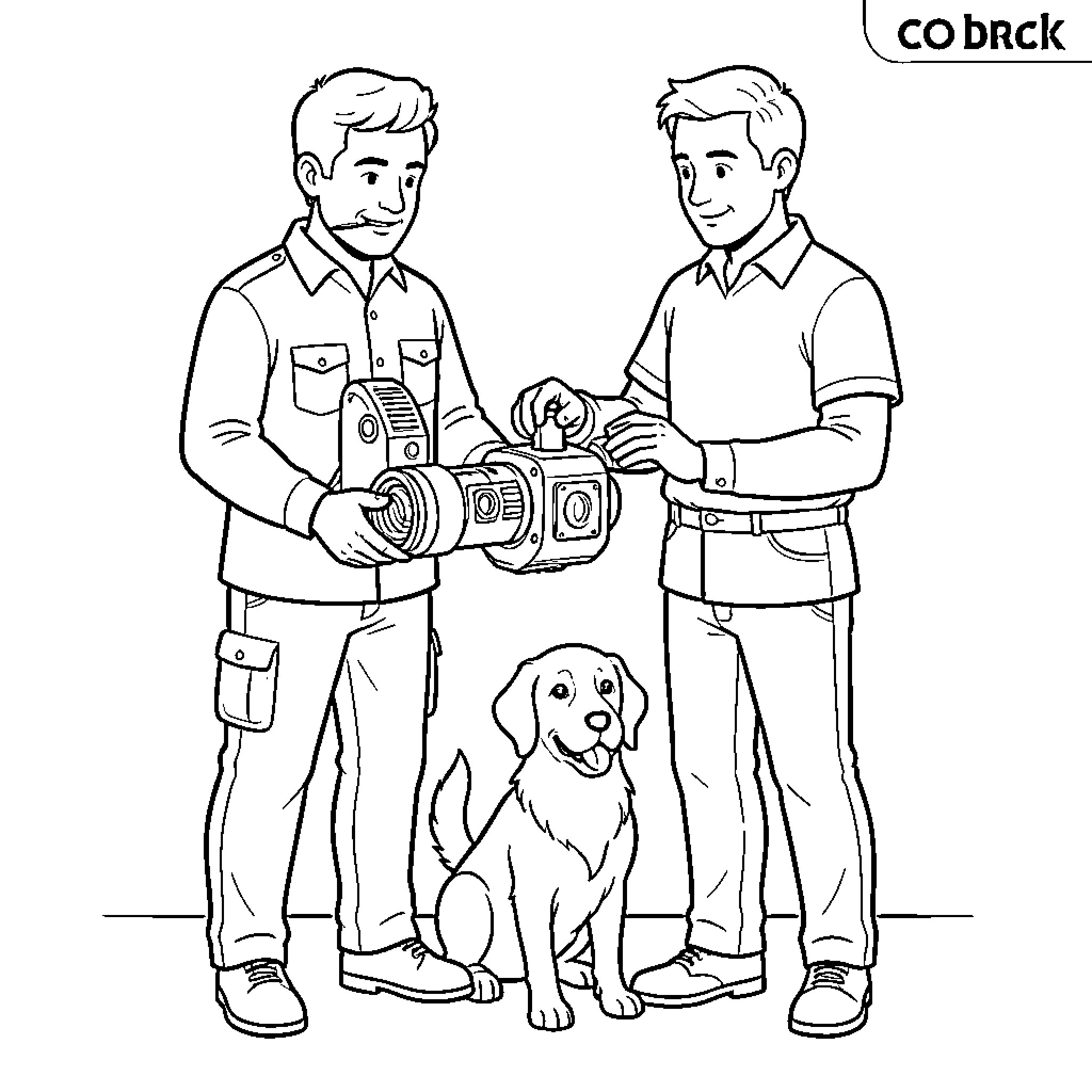 Man operating a professional video camera with another man Coloring Page (free black-and-white line drawing printable PDF for all, from beginners to advanced learners, including children, teens, adults, and seniors)