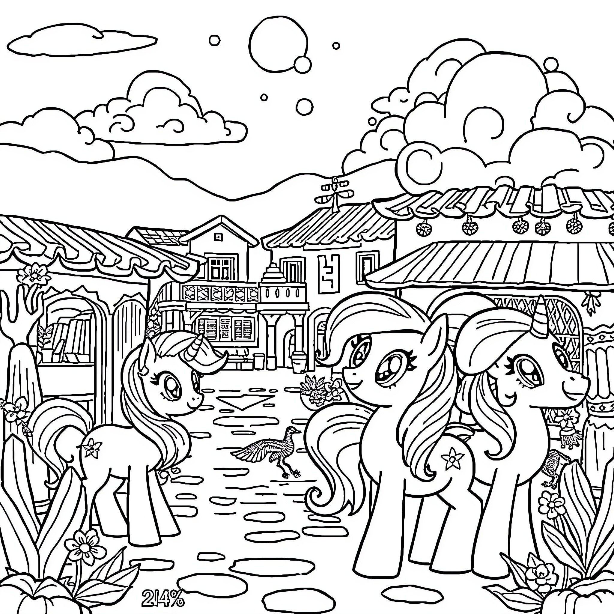 Pony friends exploring a whimsical village Coloring Page (free black-and-white line drawing printable PDF for all, from beginners to advanced learners, including children, teens, adults, and seniors)