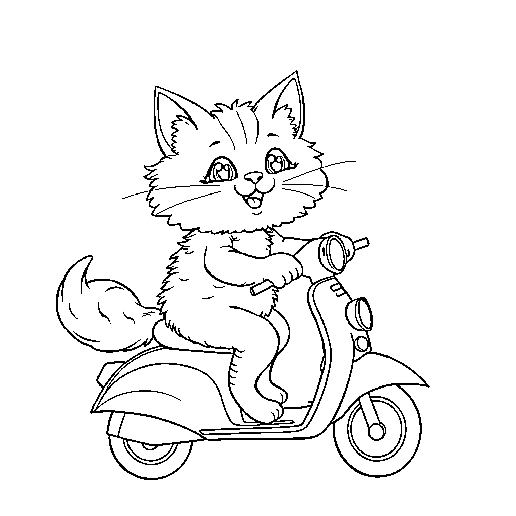 Cat riding scooter happily Coloring Page (free black-and-white line drawing printable PDF for all, from beginners to advanced learners, including children, teens, adults, and seniors)