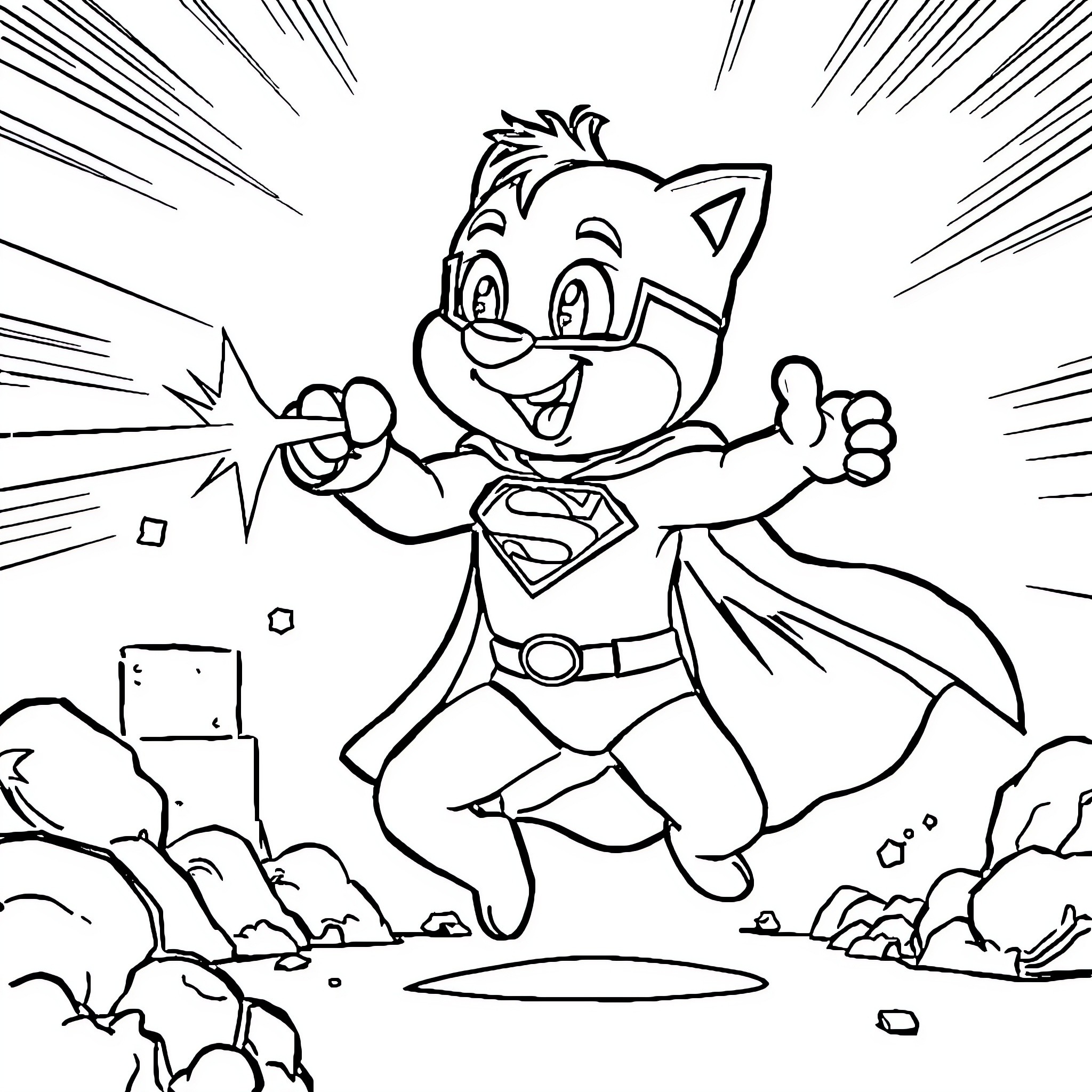 Bluey as Superhero Taking Flight in Action Coloring Page (free black-and-white line drawing printable PDF for all, from beginners to advanced learners, including children, teens, adults, and seniors)