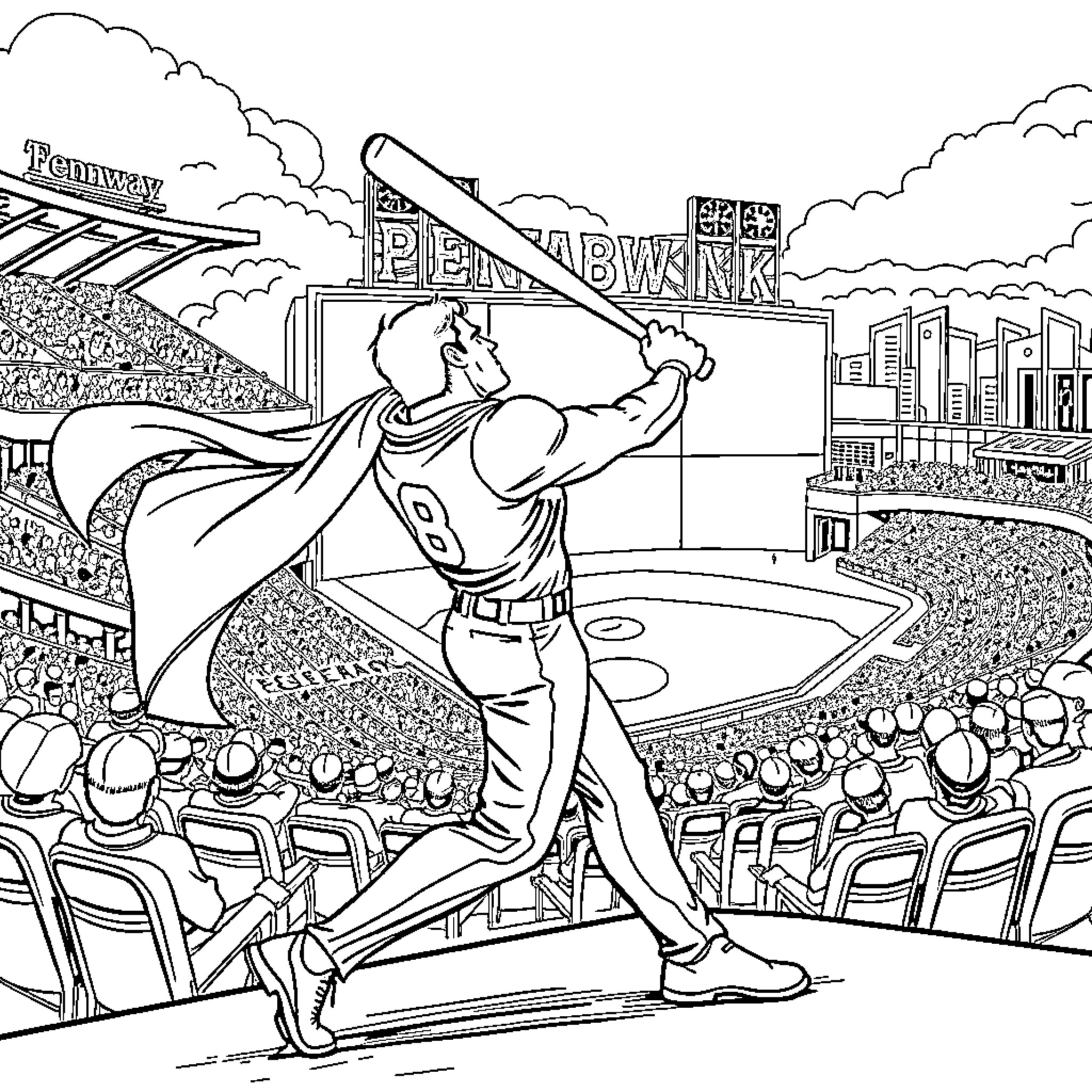 Superman heroically batting at the stadium Coloring Page (free black-and-white line drawing printable PDF for all, from beginners to advanced learners, including children, teens, adults, and seniors)
