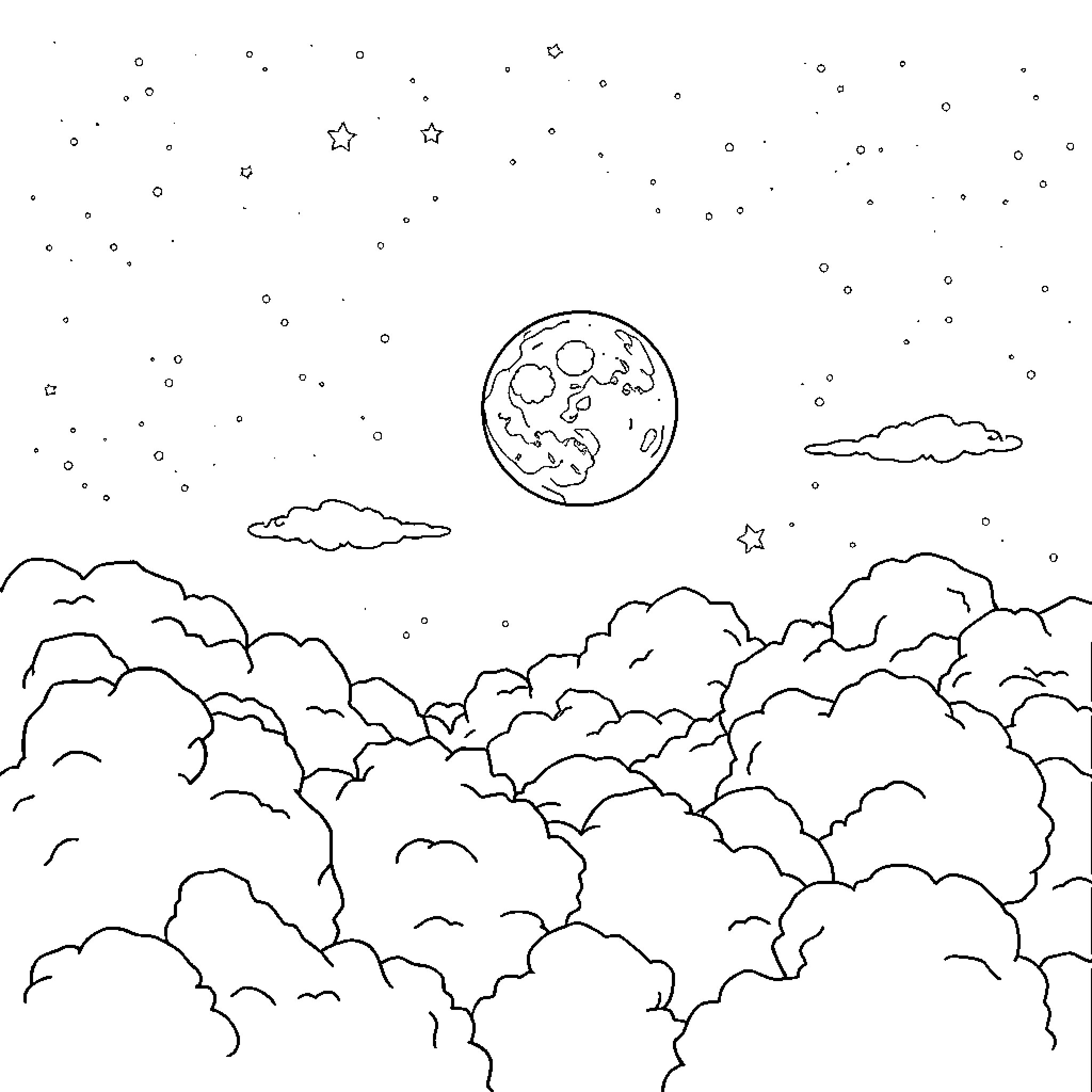 Moon shining over a starry night sky Coloring Page (free black-and-white line drawing printable PDF for all, from beginners to advanced learners, including children, teens, adults, and seniors)