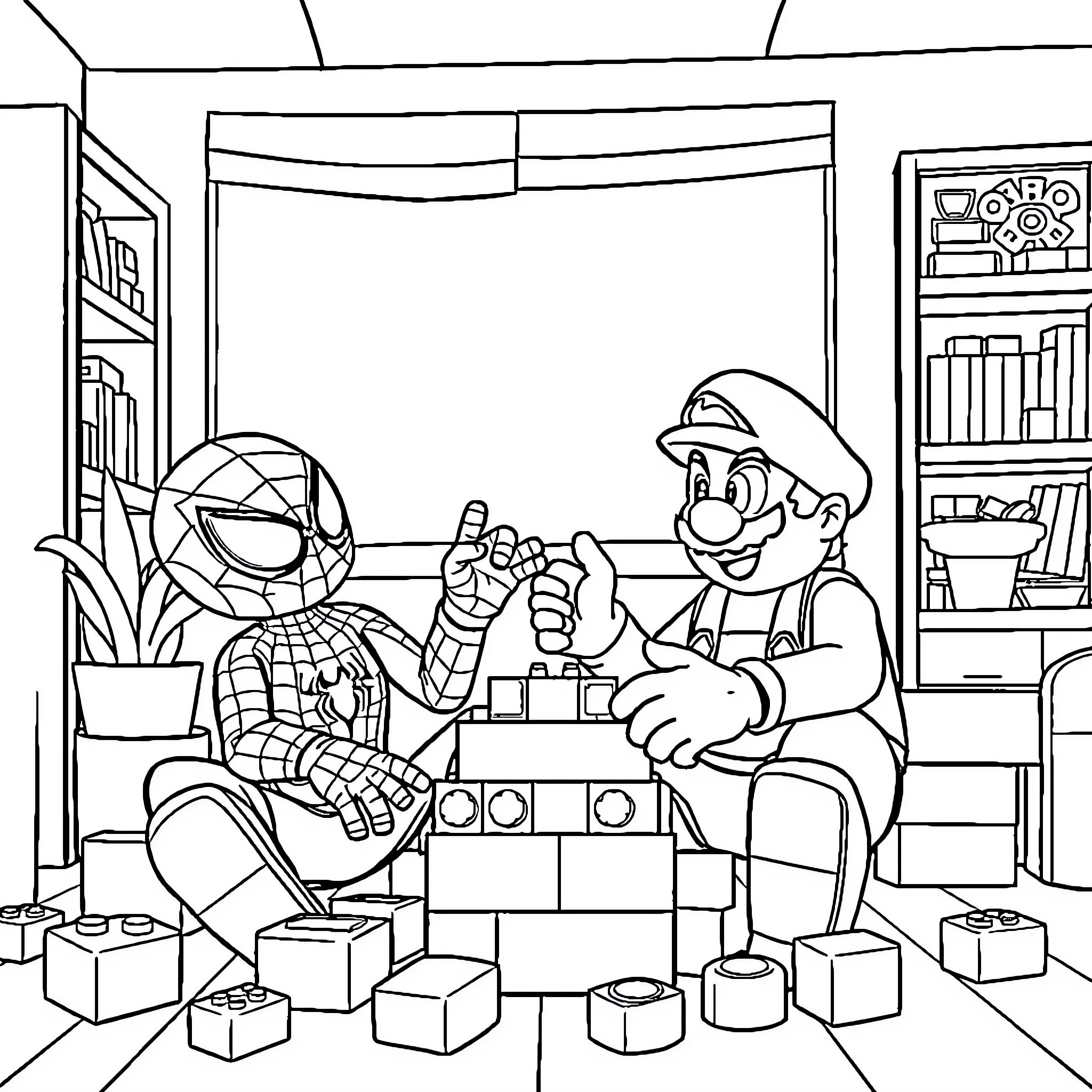 Spider-Man working with construction worker in workshop Coloring Page (free black-and-white line drawing printable PDF for all, from beginners to advanced learners, including children, teens, adults, and seniors)