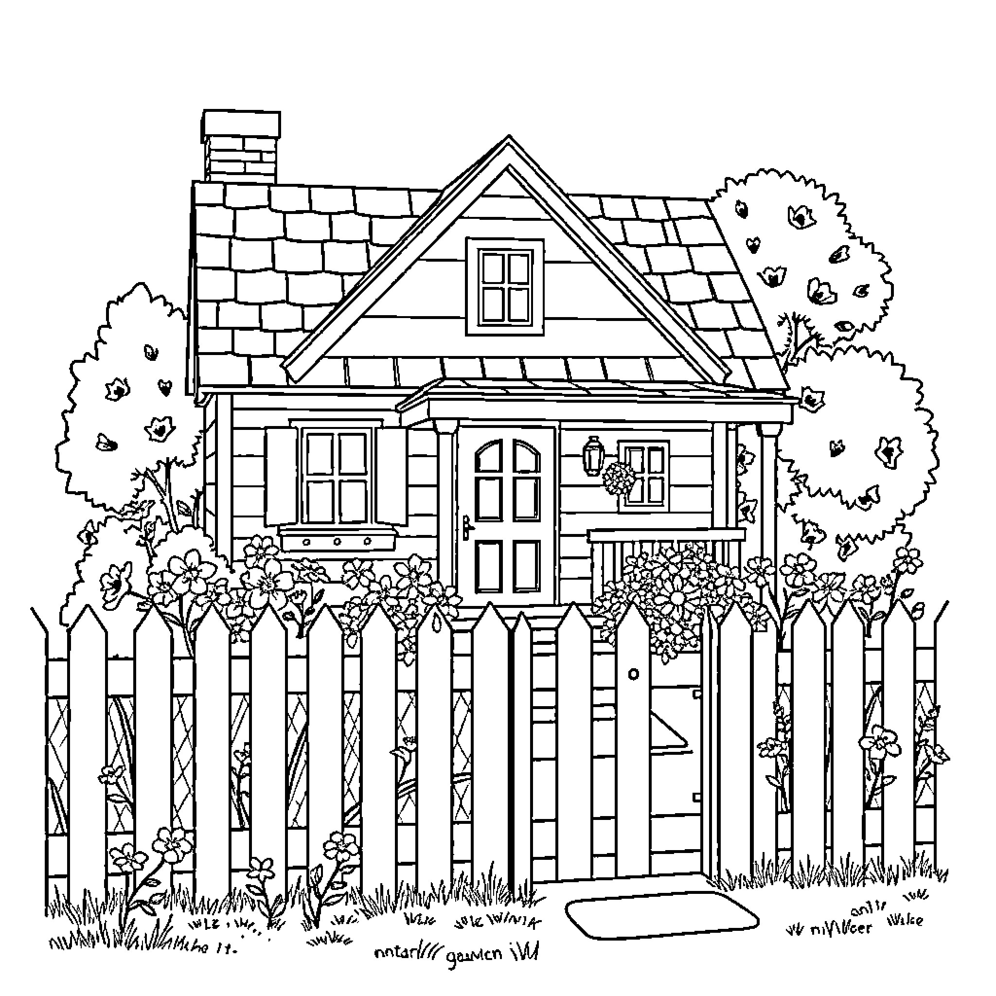 House with Quaint Exterior in Floral Landscape Coloring Page (free black-and-white line drawing printable PDF for all, from beginners to advanced learners, including children, teens, adults, and seniors)