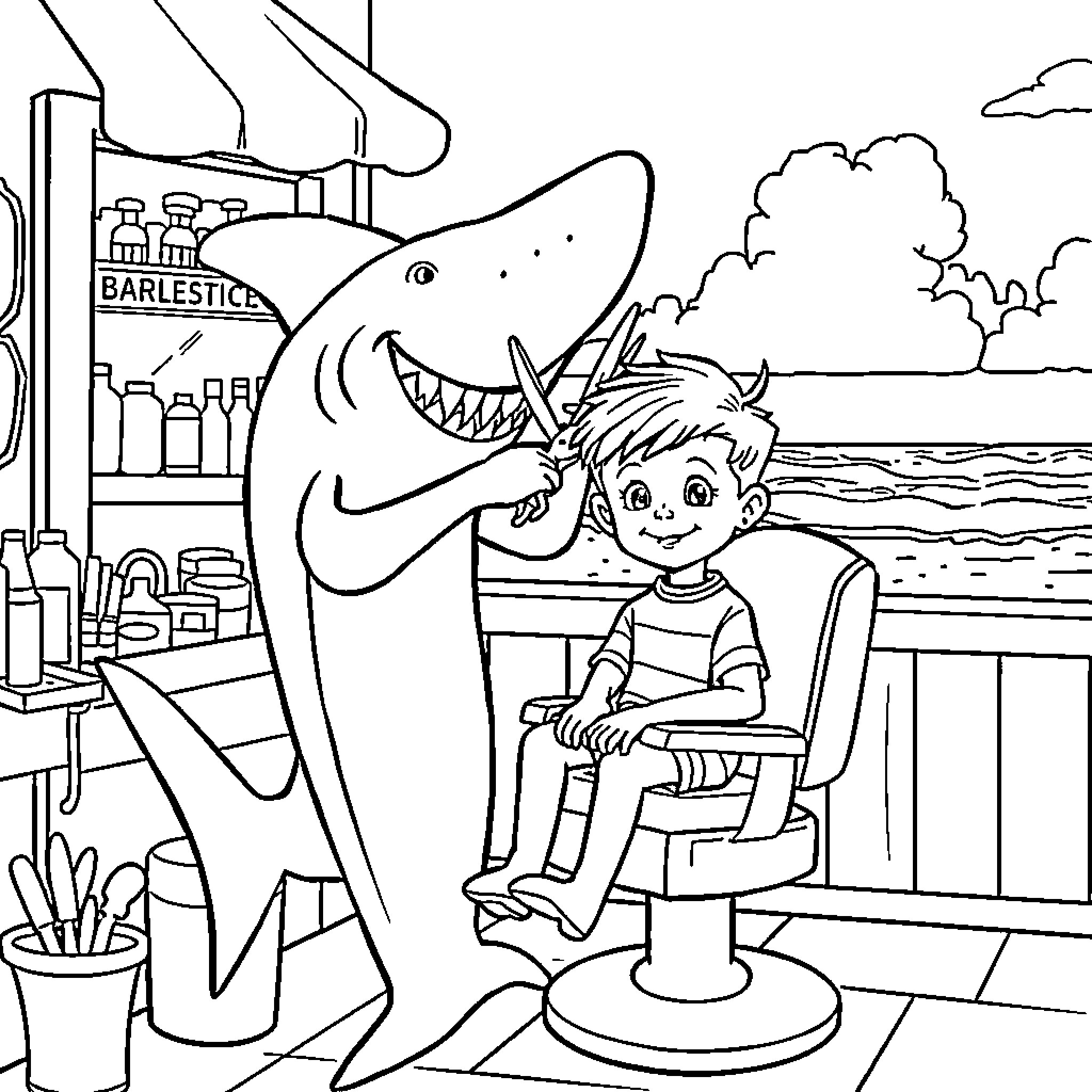 Shark barber cutting boy's hair at the beach Coloring Page (free black-and-white line drawing printable PDF for all, from beginners to advanced learners, including children, teens, adults, and seniors)