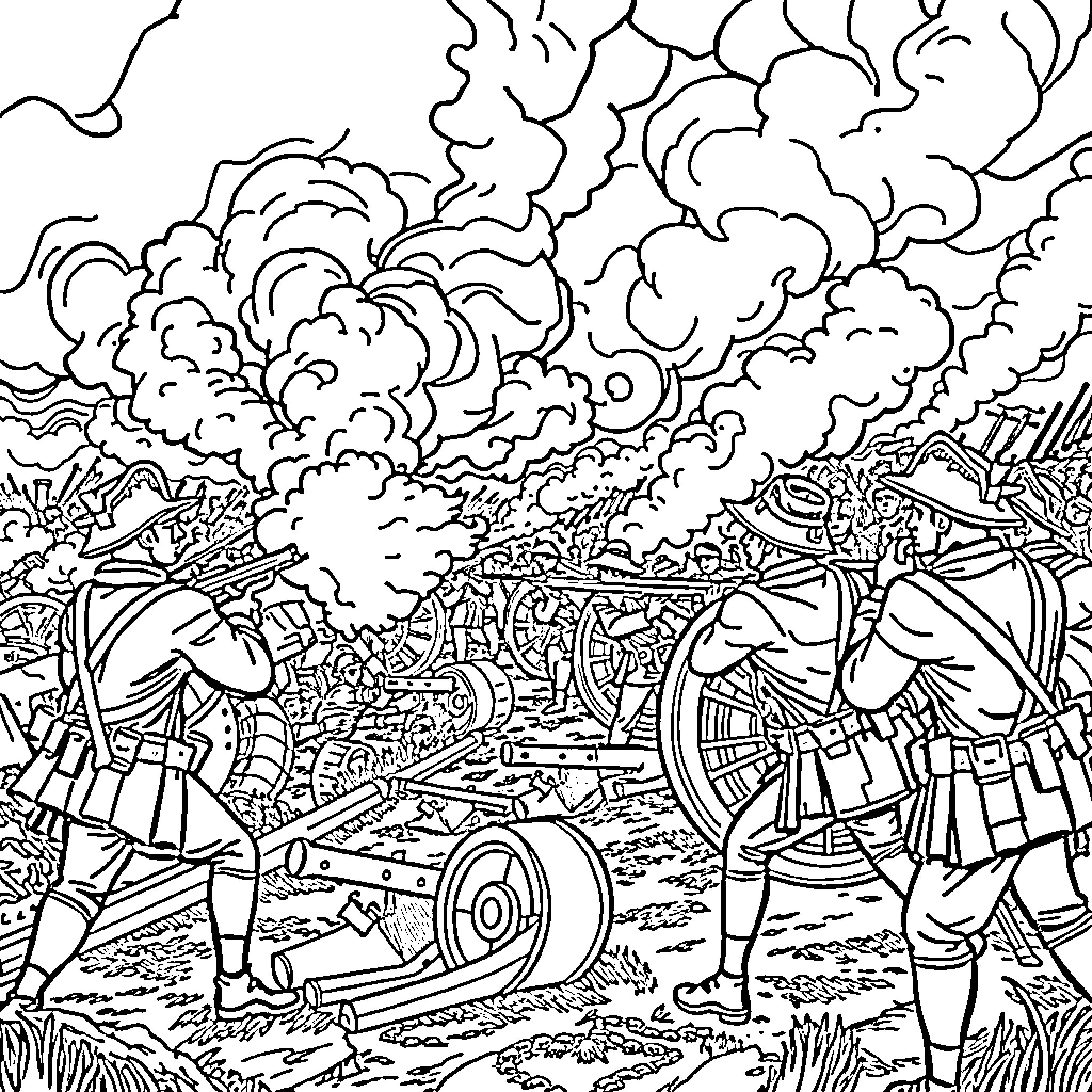 Revolutionary War Soldiers Engaged in Fierce Battle Coloring Page (free black-and-white line drawing printable PDF for all, from beginners to advanced learners, including children, teens, adults, and seniors)