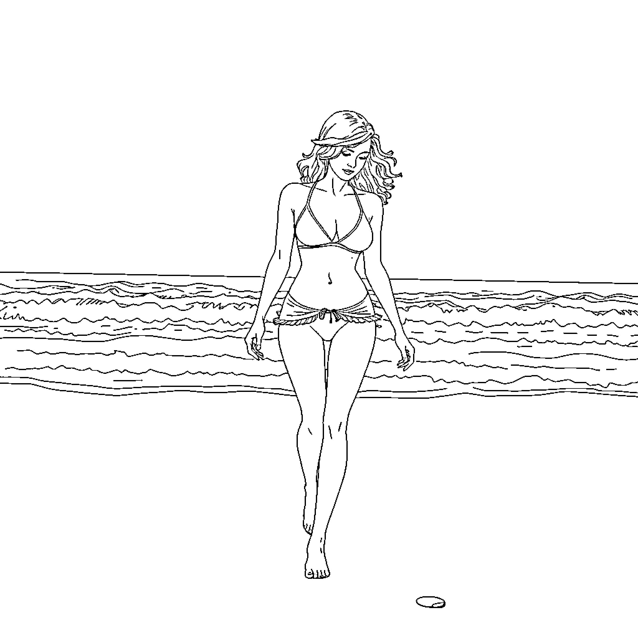 Woman walking on the beach Coloring Page (free black-and-white line drawing printable PDF for all, from beginners to advanced learners, including children, teens, adults, and seniors)