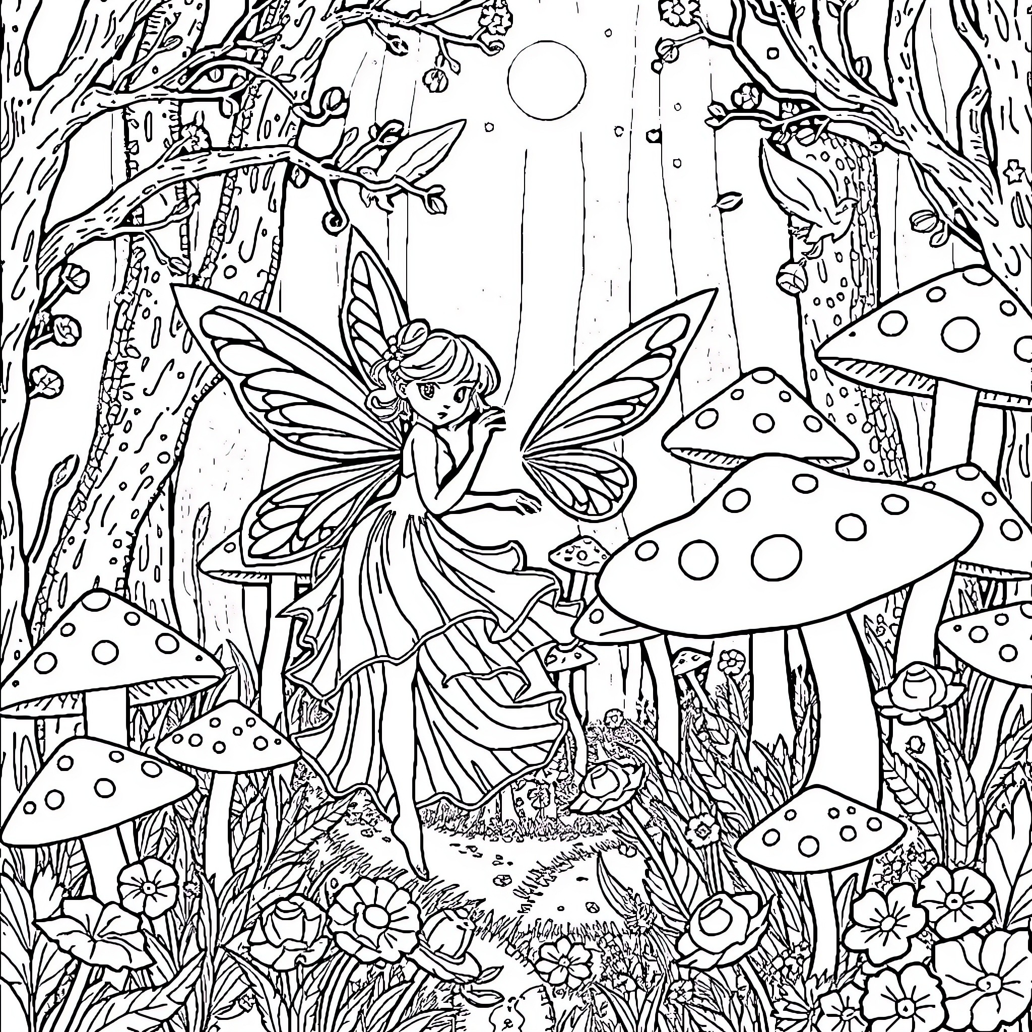 Fairy exploring enchanted mushroom forest Coloring Page (free black-and-white line drawing printable PDF for all, from beginners to advanced learners, including children, teens, adults, and seniors)