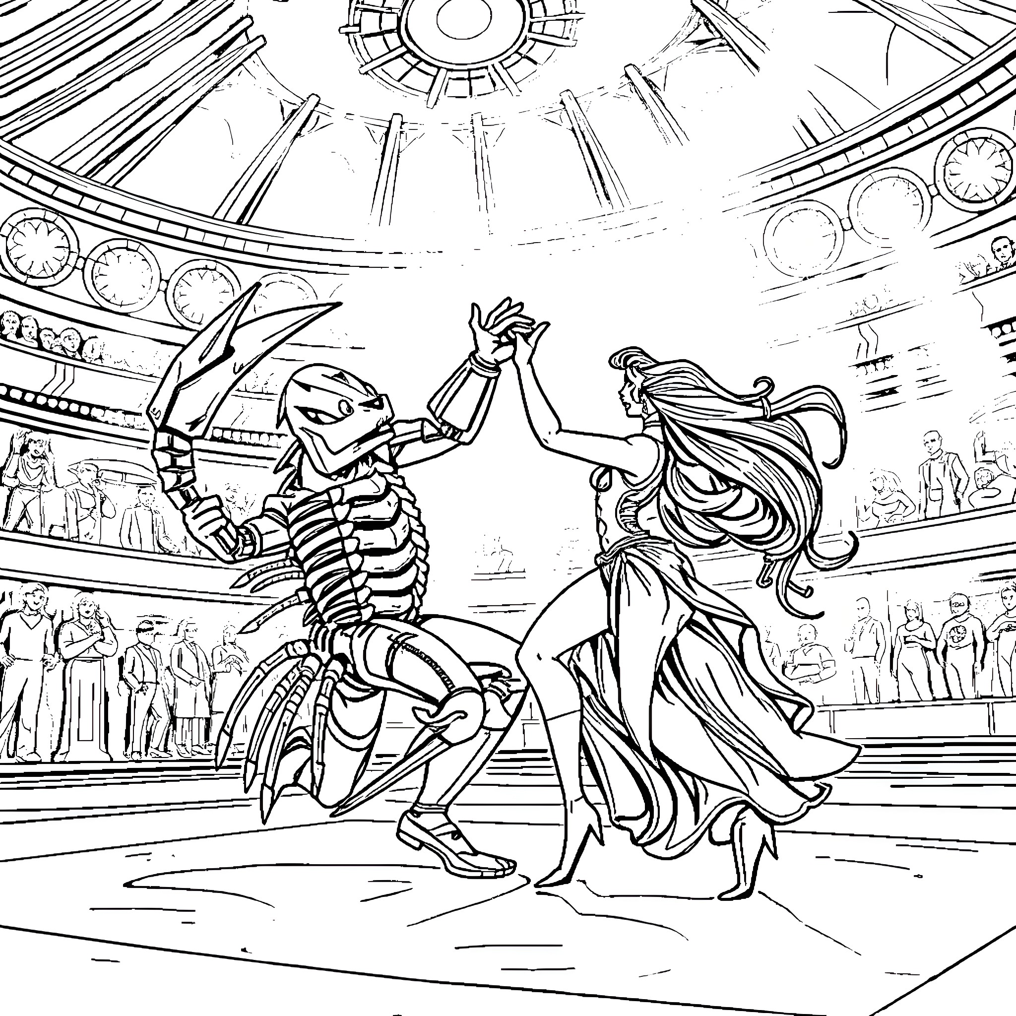 Scorpion-like creature and woman in grand arena battle Coloring Page (free black-and-white line drawing printable PDF for all, from beginners to advanced learners, including children, teens, adults, and seniors)
