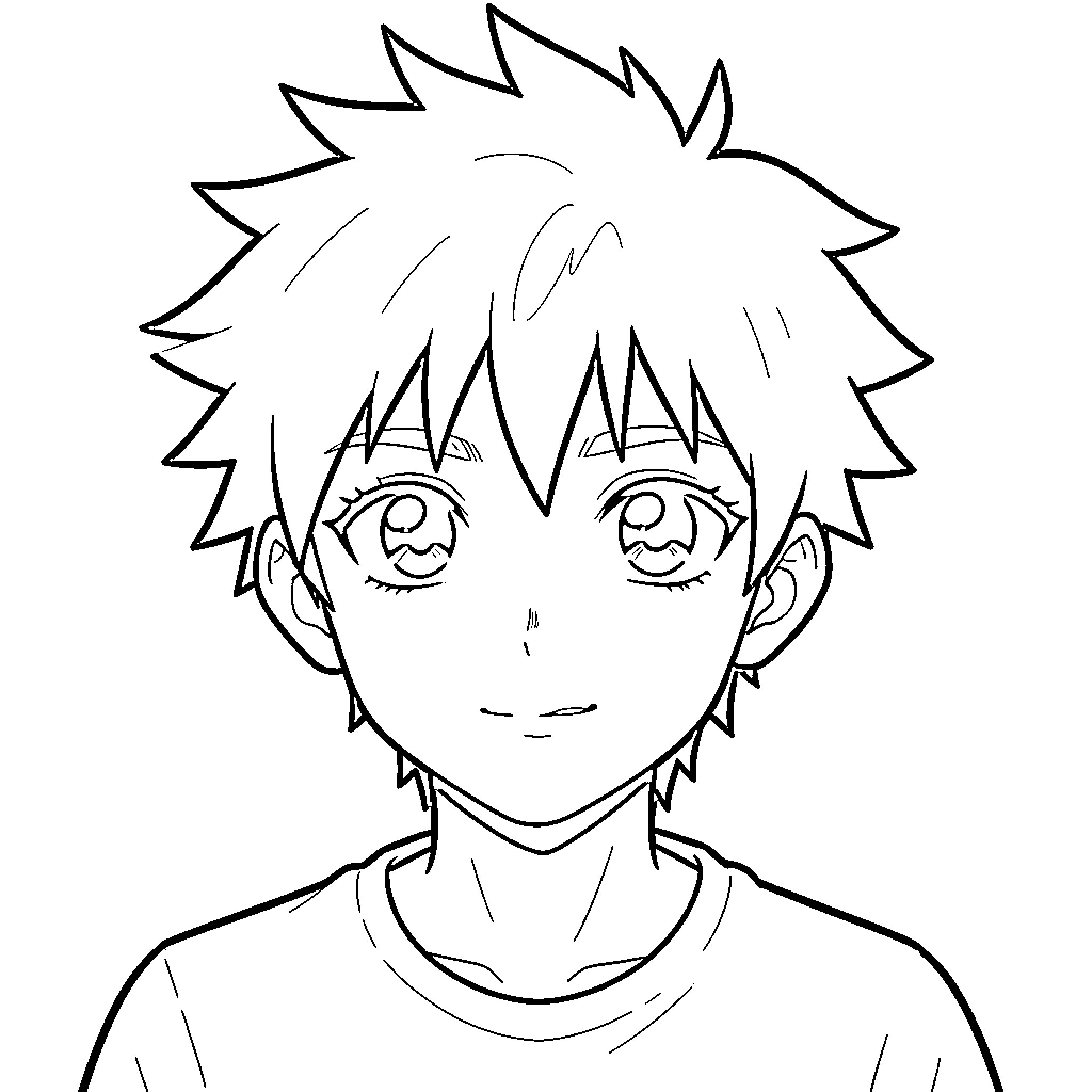 Anime Boy with spiky hair smiling gently Coloring Page (free black-and-white line drawing printable PDF for all, from beginners to advanced learners, including children, teens, adults, and seniors)