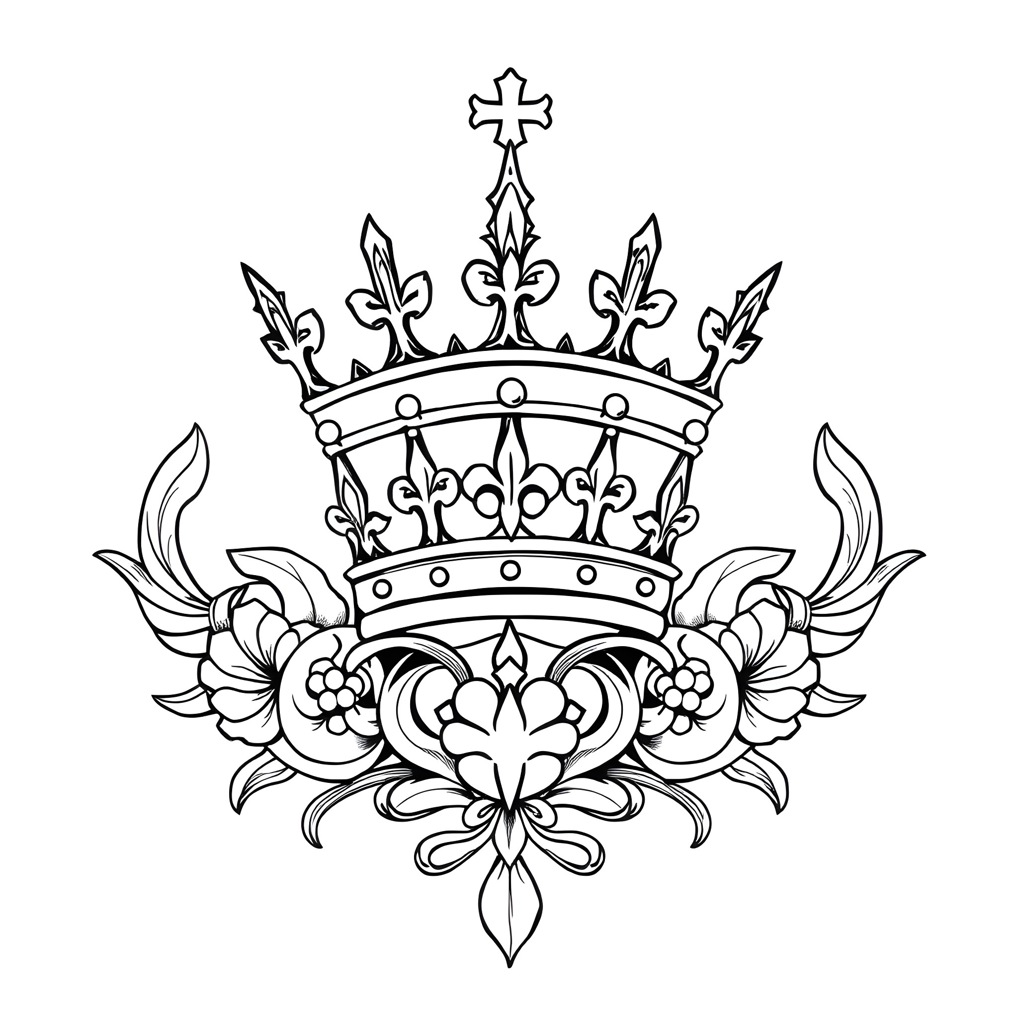 Tattoo of a majestic crown with intricate floral design Coloring Page (free black-and-white line drawing printable PDF for all, from beginners to advanced learners, including children, teens, adults, and seniors)