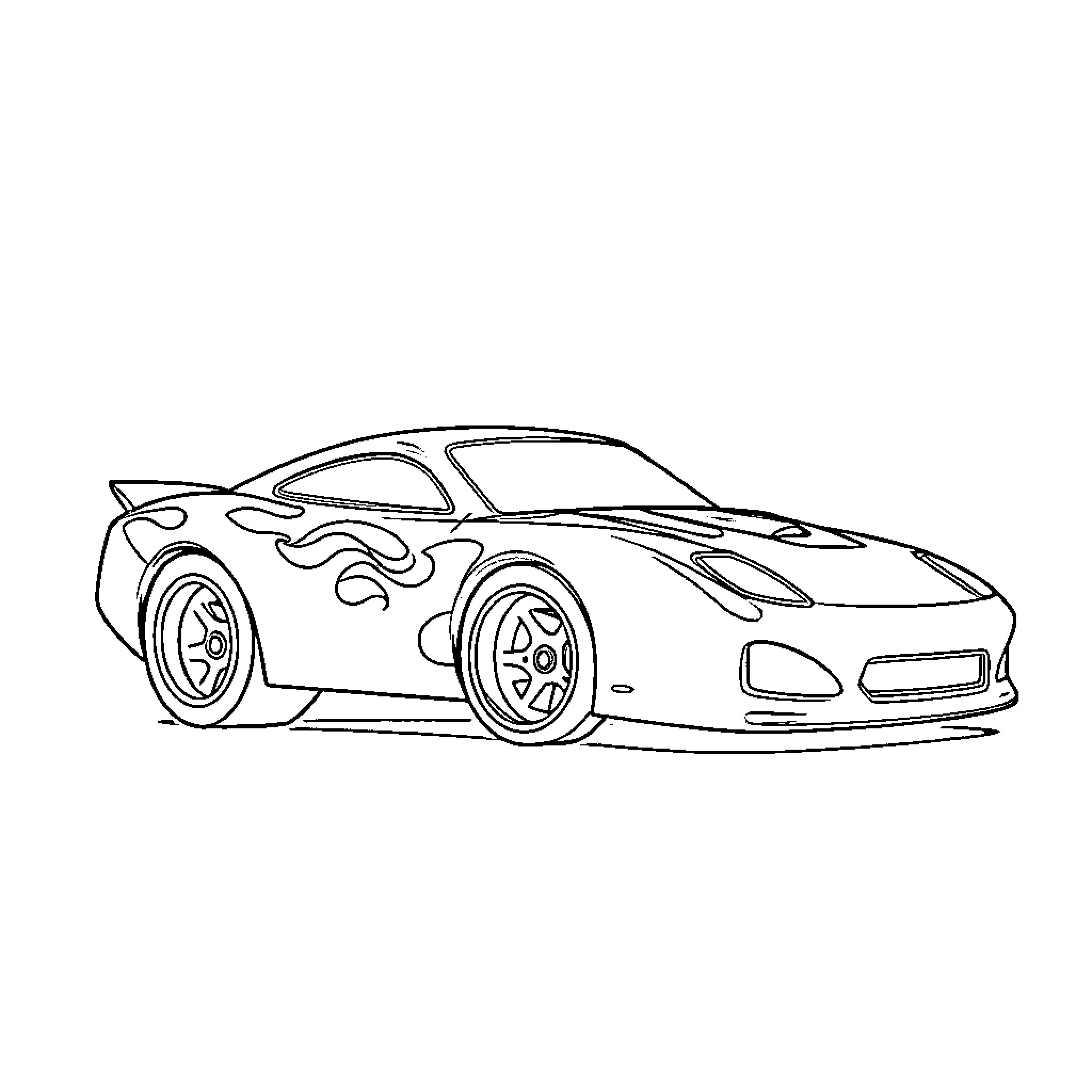 Hot Wheels sports car with stylish flames Coloring Page (free black-and-white line drawing printable PDF for all, from beginners to advanced learners, including children, teens, adults, and seniors)