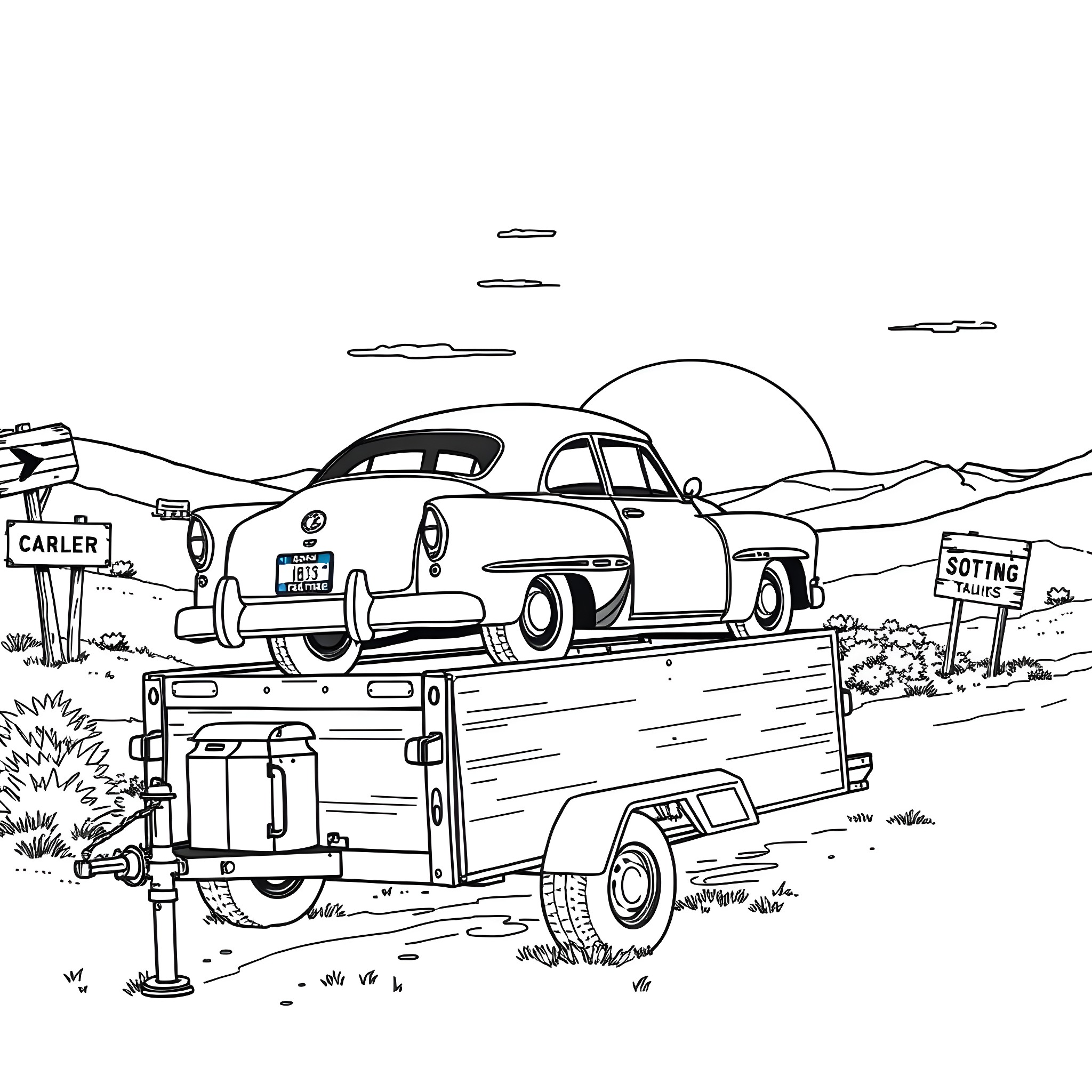 Car on a trailer in the desert Coloring Page (free black-and-white line drawing printable PDF for all, from beginners to advanced learners, including children, teens, adults, and seniors)